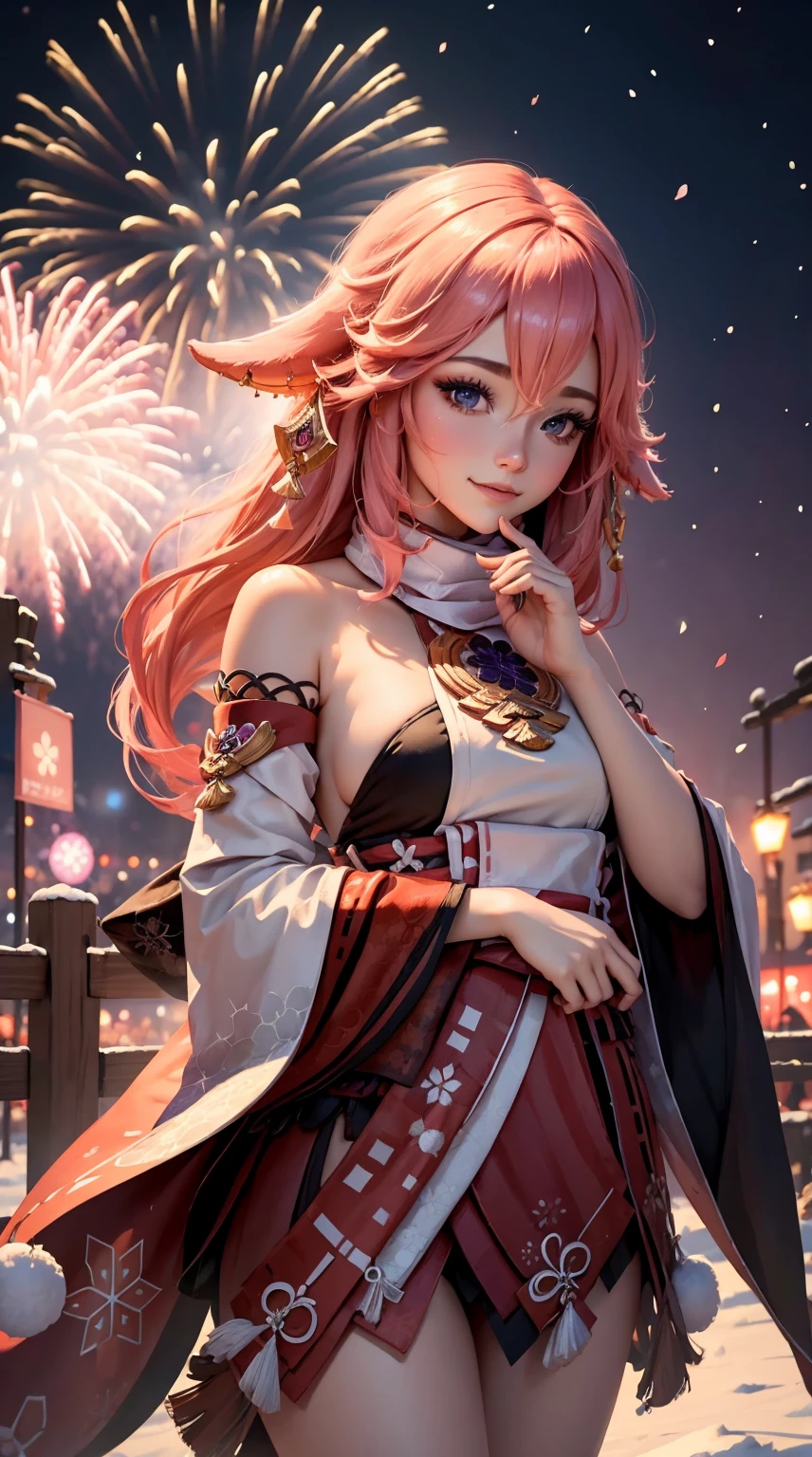 Festival poster, Happy New Year 2024,wide wide shot,Expansive night sky,Winter snowflakes fluttering,landscape,painting,illustration,portrait,yae miko, pink hair, sleeves separated, strapless,((grand fireworks display in the night sky)),mesmerizing colors fireworks,twinkling stars,romantic ambiance,overwhelming sense of excitement,festive atmosphere,magical moment,inspiring and artistic composition. best quality,4k,8k,highres,masterpiece:1.2,ultra-detailed,realistic:1.37,