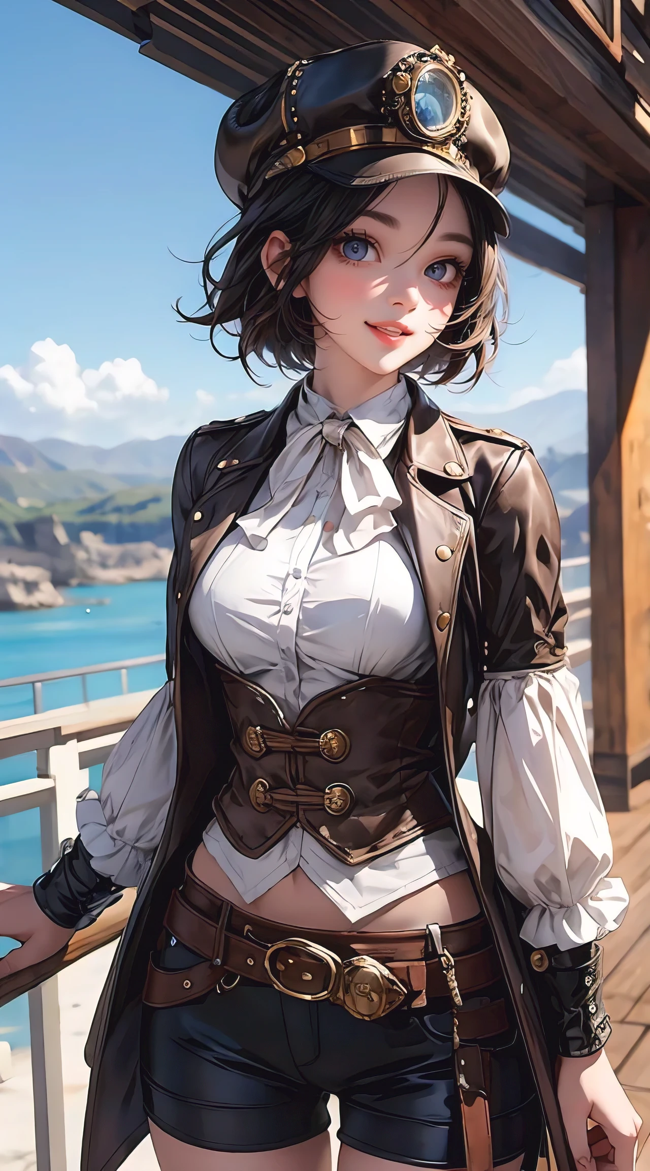 beautiful woman medium hair, wearing cap, steampunk style short clothes