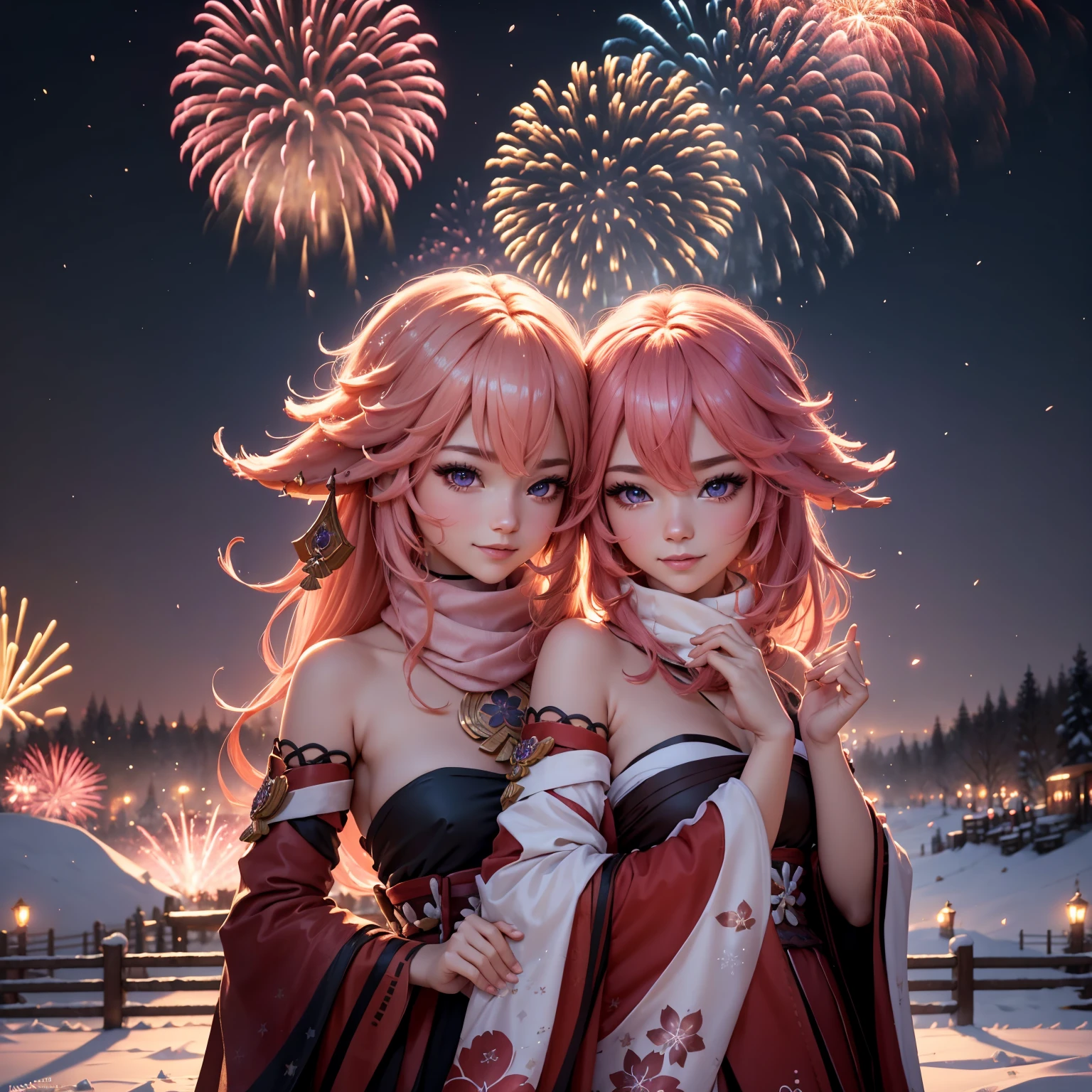 Festival poster, Happy New Year 2024,wide wide shot,Expansive night sky,Winter snowflakes fluttering,landscape,painting,illustration,portrait,yae miko, pink hair, sleeves separated, strapless,((grand fireworks display in the night sky)),mesmerizing colors fireworks,twinkling stars,romantic ambiance,overwhelming sense of excitement,festive atmosphere,magical moment,inspiring and artistic composition. best quality,4k,8k,highres,masterpiece:1.2,ultra-detailed,realistic:1.37,