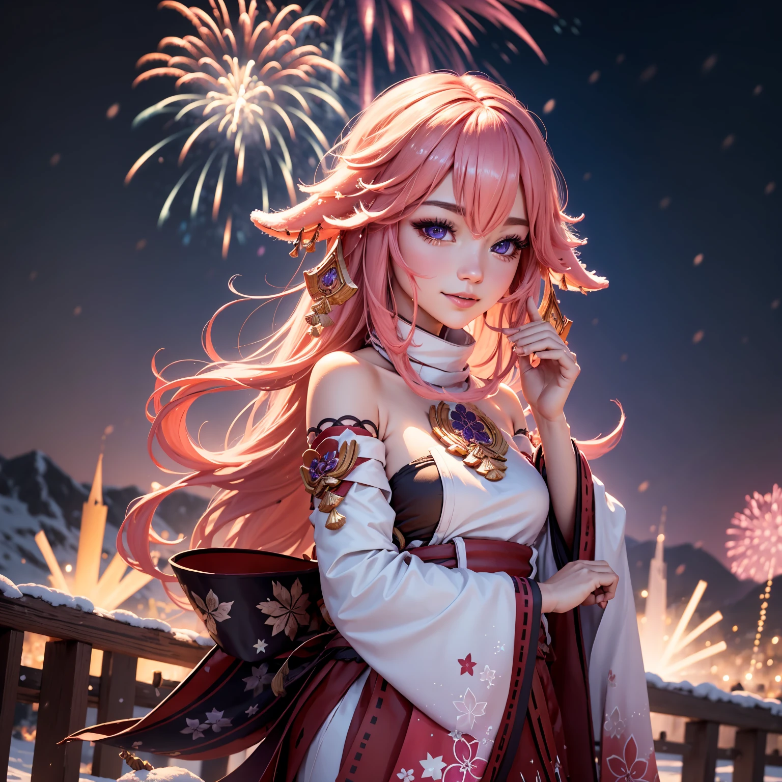 Festival poster, Happy New Year 2024,wide wide shot,Expansive night sky,Winter snowflakes fluttering,landscape,painting,illustration,portrait,yae miko, pink hair, sleeves separated, strapless,((grand fireworks display in the night sky)),mesmerizing colors fireworks,twinkling stars,romantic ambiance,overwhelming sense of excitement,festive atmosphere,magical moment,inspiring and artistic composition. best quality,4k,8k,highres,masterpiece:1.2,ultra-detailed,realistic:1.37,