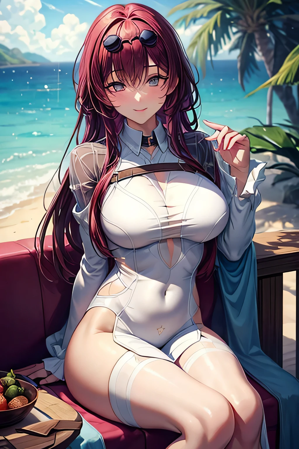 (Enrich your images,Masterpiece-level quality)Beautiful artwork CG 8K,Posture of the Goddess,Sitting on the river,Postural exercises,Slim and smooth,Translucent skin,redhair、Extra long-haired beauty, Super long straight hair,The skin is transparent and juicy,big breast uniform underwear,Outlook Part 1.2x Enhanced silhouette effect,Exquisite transparent blues pattern on pajamas,The details are intricate and exquisite,background slightly blurred,Temptation of attractive and voracious feet,dribbling,J Cup Big,red blush,goddess of Japan,perfect body and slim curves,Scene by the Sea,