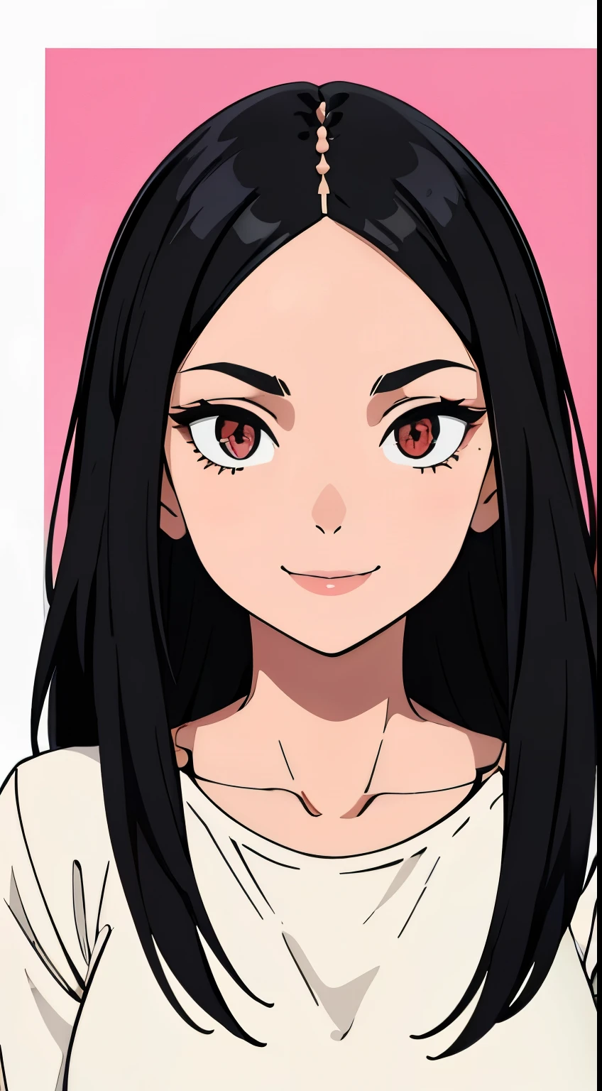 One girl with black hair, hair length until bust, straight hair, hair parted in center of head, round face. hairstyle with a center part, that the hair should be parted down the middle, creating a symmetrical look without any frontal hair covering the forehead. Looking straight. Looking straight at viewers. Smiling. Happy. Wearing casual shirt. Straight pose. Frontal view