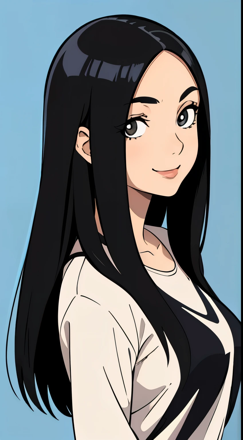 One girl with black hair, hair length until bust, straight hair, hair parted in center of head, round face. hairstyle with a center part, that the hair should be parted down the middle, creating a symmetrical look without any frontal hair covering the forehead. Looking straight. Looking straight at viewers. Smiling. Happy. Wearing casual shirt. Straight pose. Frontal view