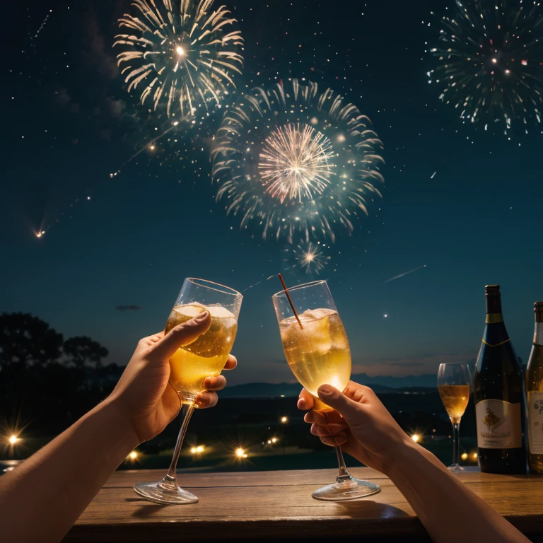 Beautiful starry night sky, mit volmond, viel firework, in the foreground two hands clink glasses, mit drinks