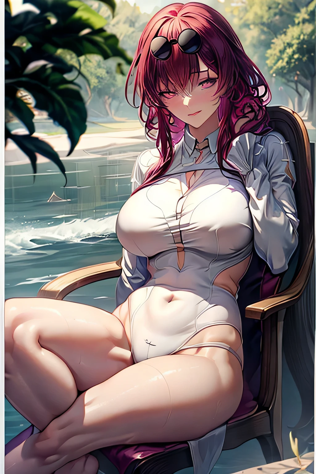 (Enrich your images,Masterpiece-level quality)Beautiful artwork CG 8K,Posture of the Goddess,Sitting on the river,Postural exercises,Slim and smooth,Translucent skin,redhair、Extra long-haired beauty, Super long straight hair,The skin is transparent and juicy,big breast uniform underwear,Outlook Part 1.2x Enhanced silhouette effect,Exquisite transparent blues pattern on pajamas,The details are intricate and exquisite,background slightly blurred,Temptation of attractive and voracious feet,dribbling,J Cup Big,red blush,goddess of Japan,perfect body and slim curves,Scene by the Sea,