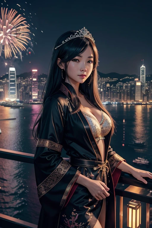 fireworks over the city at night with boats and ships, beautiful cityscape, by Patrick Ching, 4k highly detailed digital art, city like hong kong, hd anime cityscape, beautiful digital artwork, beautiful city of the future, ross tran. scenic background, 8 k resolution digital painting, 8k resolution digital painting, 4k detailed digital art, kowloon cyberpunk cityscape, goddess, tiara, accessory, gorgeous robe