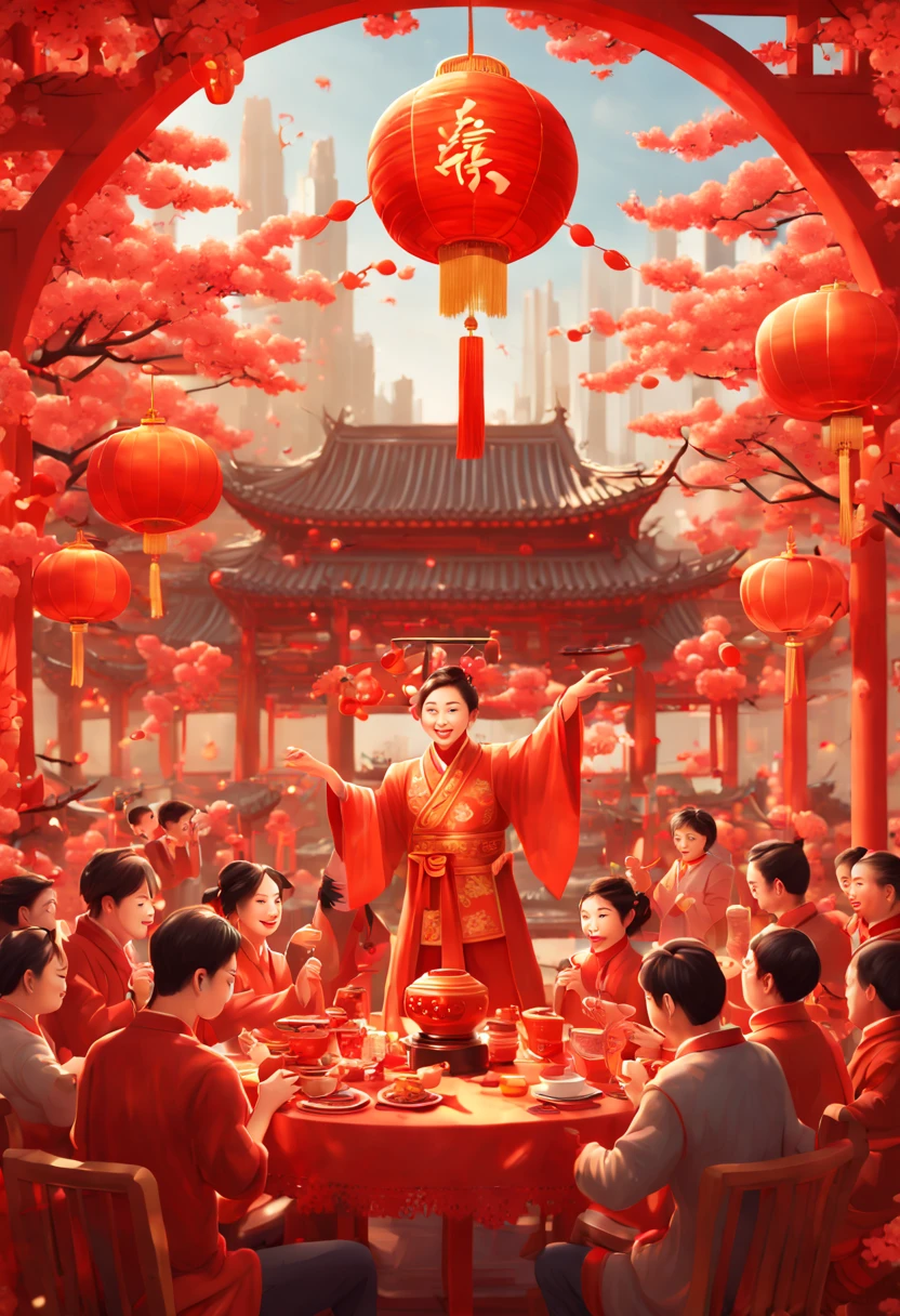 by Vincent Di Fate, New Year's Day, chinese new year party, joyful and playful atmosphere, enhance, intricate, (best quality, masterpiece, Representative work, official art, Professional, unity 8k wallpaper:1.3)