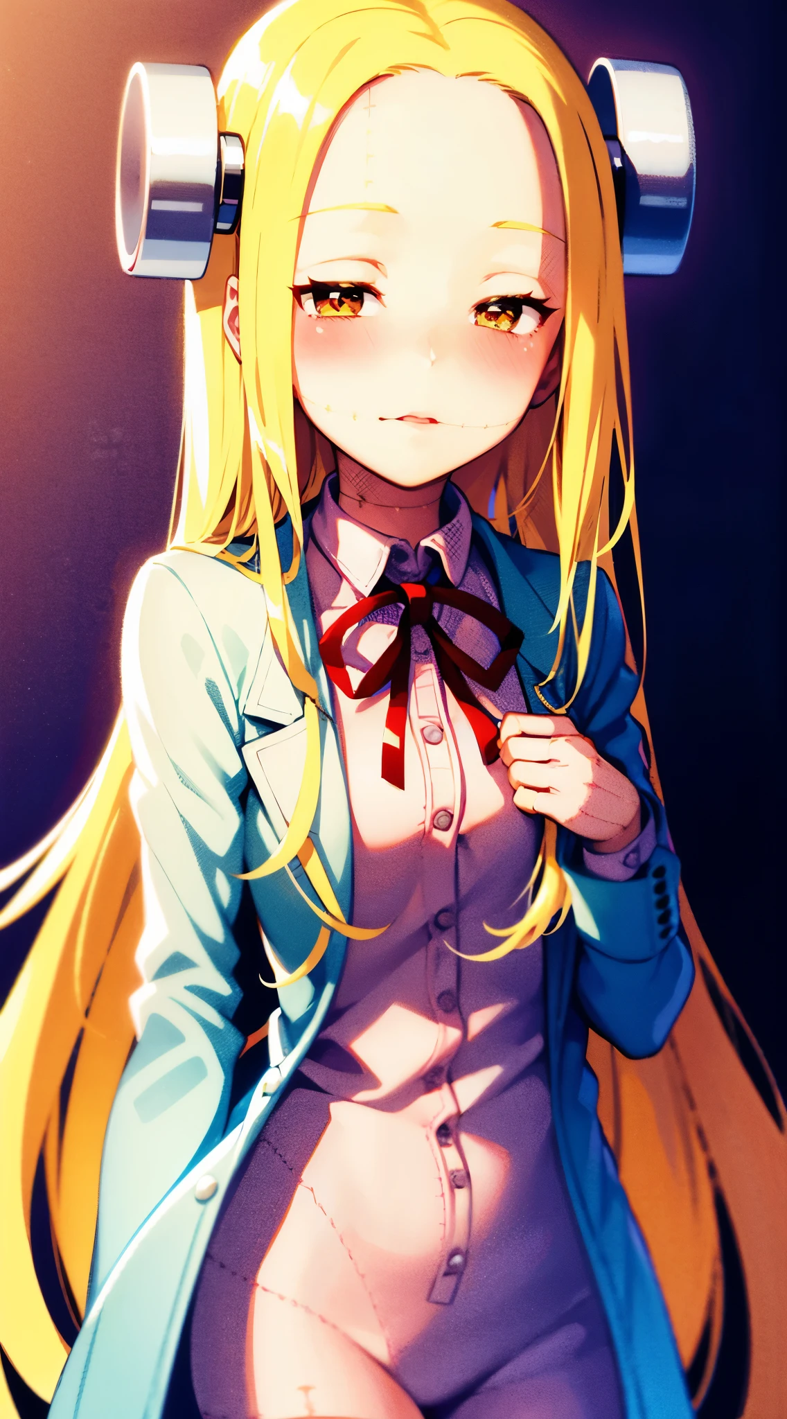 Fran,A girl,White lab coat,((kissing)), hairlong , yellow hair,seams , Scars on the body , the kiss , (Shy),(((Dressed))),Eyes Covered , blush on the face , reaches forward