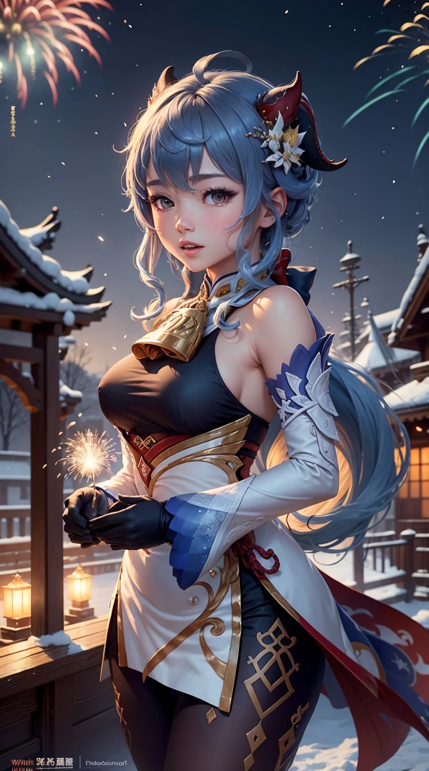 portrait,landscape,painting,illustration,ganyu \(genshin impact\),Winter snowflakes fluttering,festive atmosphere,(grand fireworks display in the night sky),sparkling fireworks,mesmerizing colors,romantic ambiance,amazing architectural design,twinkling stars,(celebration of the new year),overwhelming sense of excitement,magical moment,inspiring and artistic composition. best quality,4k,8k,highres,masterpiece:1.2,ultra-detailed,realistic:1.37,