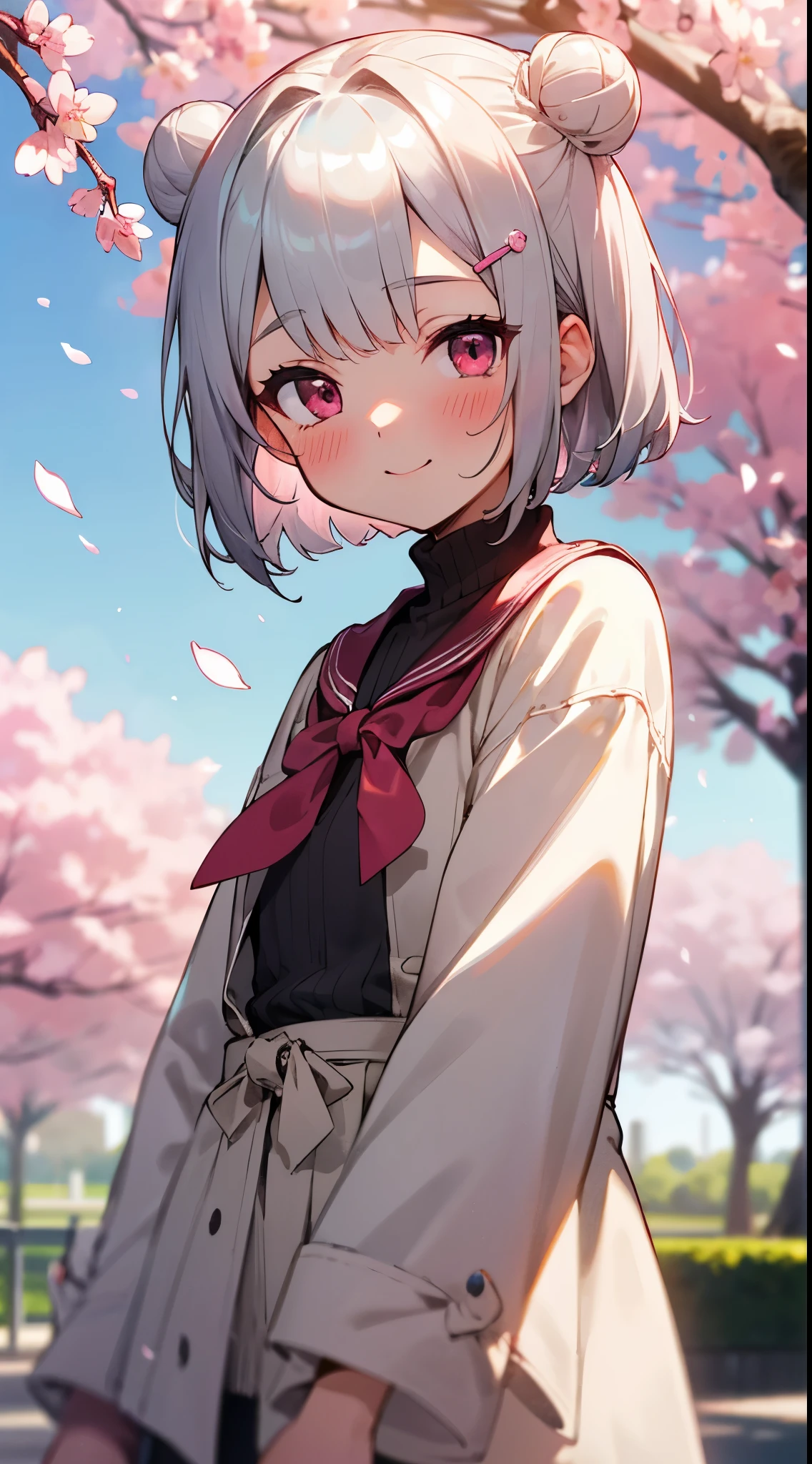(Best Quality,hight resolution:1.2),Silver hair,bob Haircut,Short hair style,Hair tied in a bun with a hair clip,Pink eyes、A smile、Laugh、red blush、with blush cheeks、looking at the viewers、A park with cherry blossoms、Under the blue sky