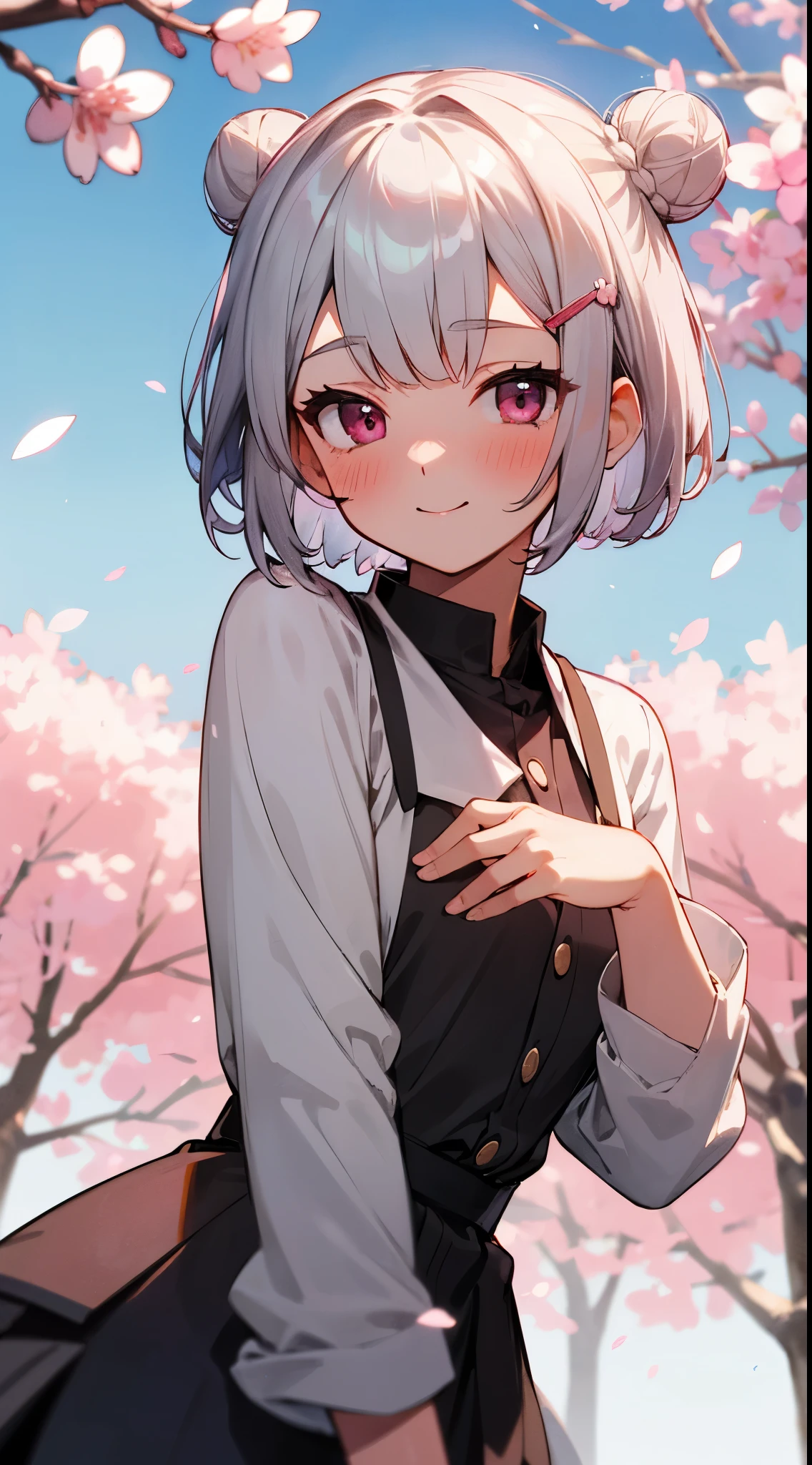 (Best Quality,hight resolution:1.2),Silver hair,bob Haircut,Short hair style,Hair tied in a bun with a hair clip,Pink eyes、A smile、Laugh、red blush、with blush cheeks、looking at the viewers、A park with cherry blossoms、Under the blue sky