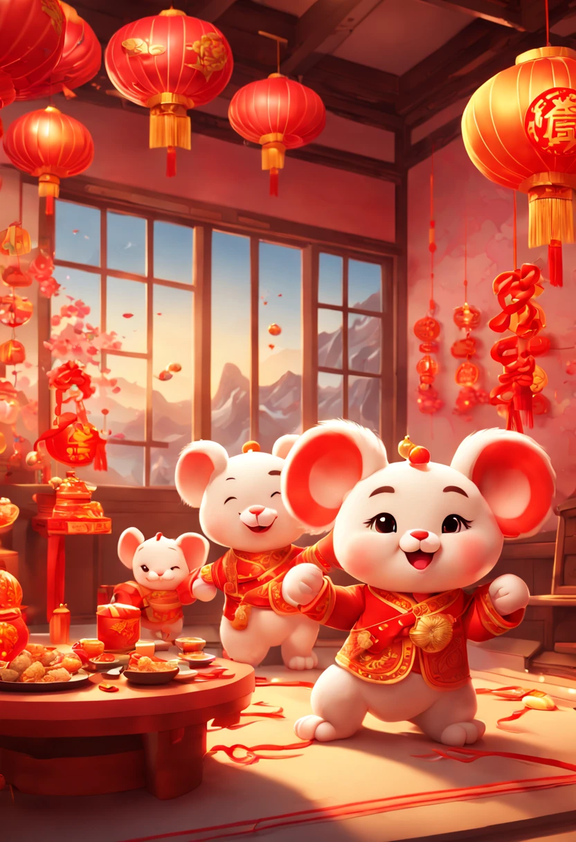 by Ivan Plush, New Year's Day, chinese new year party, joyful and playful atmosphere, enhance, intricate, (best quality, masterpiece, Representative work, official art, Professional, unity 8k wallpaper:1.3)