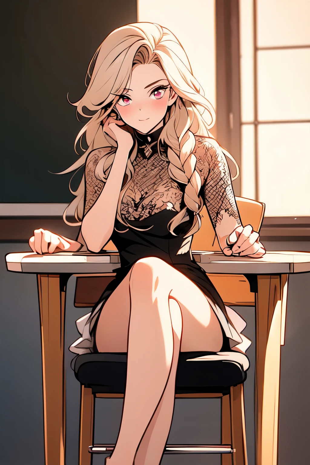 (masterpiece, best quality, ultra-detailed, best shadow), (detailed background), (beautifully detailed face), high contrast, ((cinematic light)), colorful, hyper detail, intricate details, Pixiv Anime Realism Trends, depth of field,
1girl, solo, (ara ara mature femdom look) opulent sexy shattered outfit, extremely seductive look, disgusted demanding face,(perfect beautiful face), royalty presence, pink eyes, very long braid),
feet, perfect feet. bare legs soles, five toes,
towering over you, sitting on the high chair, classroom background