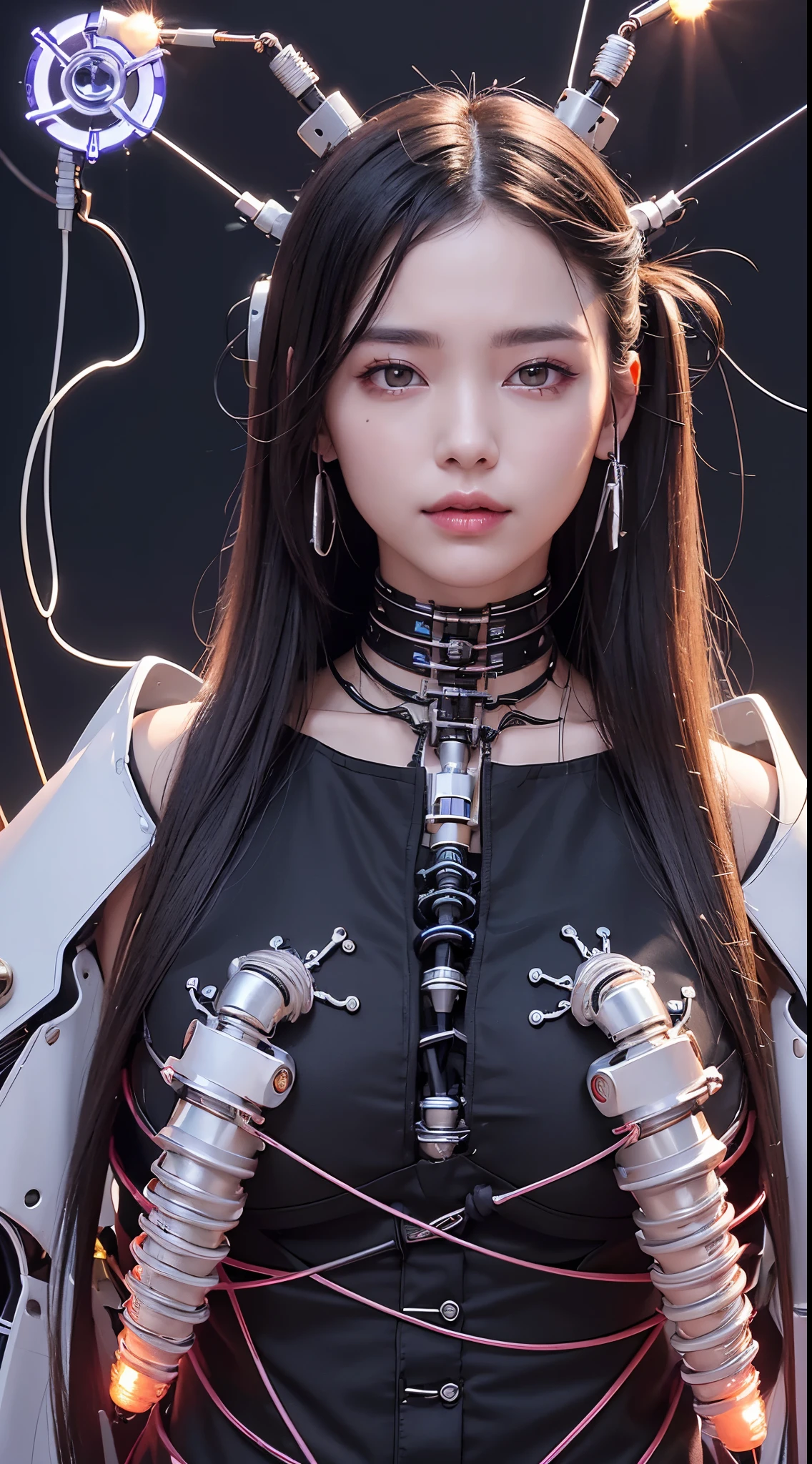 (((tmasterpiece)))、((quality))、(the ultra-detailed)、8K、(Very noble and beautiful))、电影灯光、((1 mechanical girl))、look over here、White ceramic body、a purple eye、Colossal tits、Cracks are visible、Single、(Mechanical joint:1.4)、((Mechanical limb))、(The blood vessels are attached to the tube)、((Mechanical spine fixed to the back))、((Cervical spine mechanical fixation in the neck))、(wires and cables attached to head and body:1.5)、 neon light detail、scientific fiction、cow boy shooting、The background is a cyberpunk city、ssmile