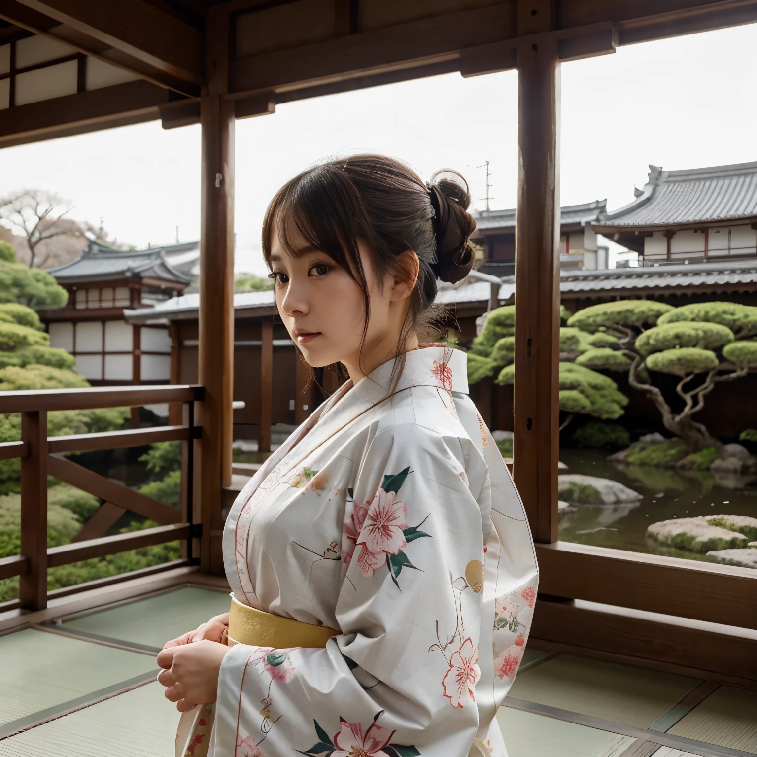Young and cute Japanese-style beauty、Long hair up。The background is Japanese scenery、kimono、Wearing furisode、New Year's image