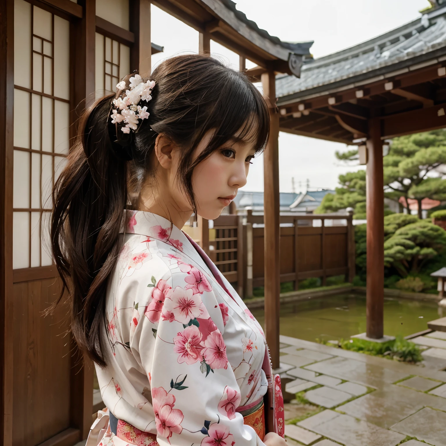 Young and cute Japanese-style beauty、Long hair up。The background is Japanese scenery、kimono、Wearing furisode、New Year's image