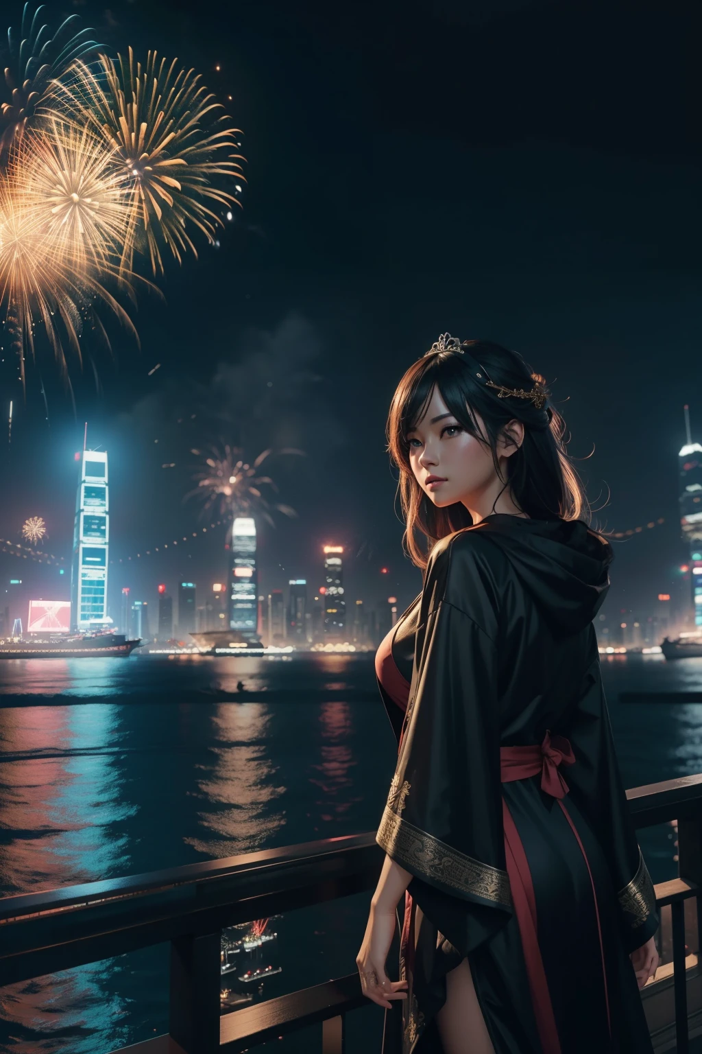 fireworks over the city at night with boats and ships, cyberpunk art by Patrick Ching, trending on cgsociety, digital art, beautiful cityscape, 4k highly detailed digital art, city like hong kong, hd anime cityscape, beautiful digital artwork, beautiful city of the future, ross tran. scenic background, 8 k resolution digital painting, 8k resolution digital painting, goddess, tiara, accessory, gorgeous robe