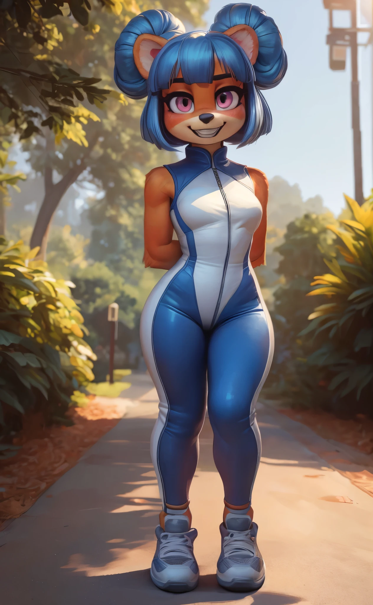 [Megumi Bandicoot], [Crash Team Racing Nitro Fueled], [Uploaded to e621.net; (Pixelsketcher), (wamudraws)], ((masterpiece)), ((HD)), ((high res)), ((solo portrait)), ((feet visible)), ((furry; anthro)), ((detailed fur)), ((detailed shading)), ((beautiful render art)), {anthro; orange fur, black nose, (twin chinese hair buns), (blue hair), (straight bang), (cute pink eyes), (short eyelashes), (medium boobs), (curvy hips), (beautiful legs), (blushing), (cute grin)}, {(white sleeveless yoga bodysuit), (zipper), (grey sneakers)}, {(standing), (hands behind back), (looking at viewer)}, [background; (park), (trees), (beaten path), (blue sky), (sun rays), (ambient lighting)]