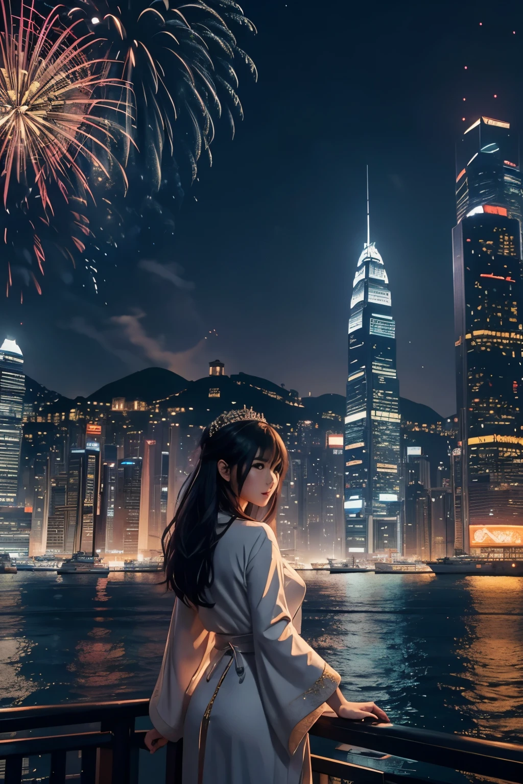 fireworks over the city at night with boats and ships, beautiful cityscape, by Patrick Ching, 4k highly detailed digital art, city like hong kong, hd anime cityscape, beautiful digital artwork, beautiful city of the future, ross tran. scenic background, 8 k resolution digital painting, 8k resolution digital painting, 4k detailed digital art, kowloon cyberpunk cityscape, goddess, tiara, accessory, gorgeous robe