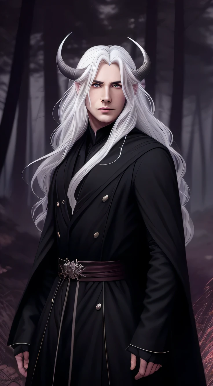 a man with long white hair and horns standing in a forest, charlie bowater art style, style of charlie bowater, charlie bowater rich deep colors, by Charlie Bowater, in style of charlie bowater, magali villeneuve', charlie bowater character art, inspired by Charlie Bowater, dark fantasy style art, charlie bowater and artgeem, black robes