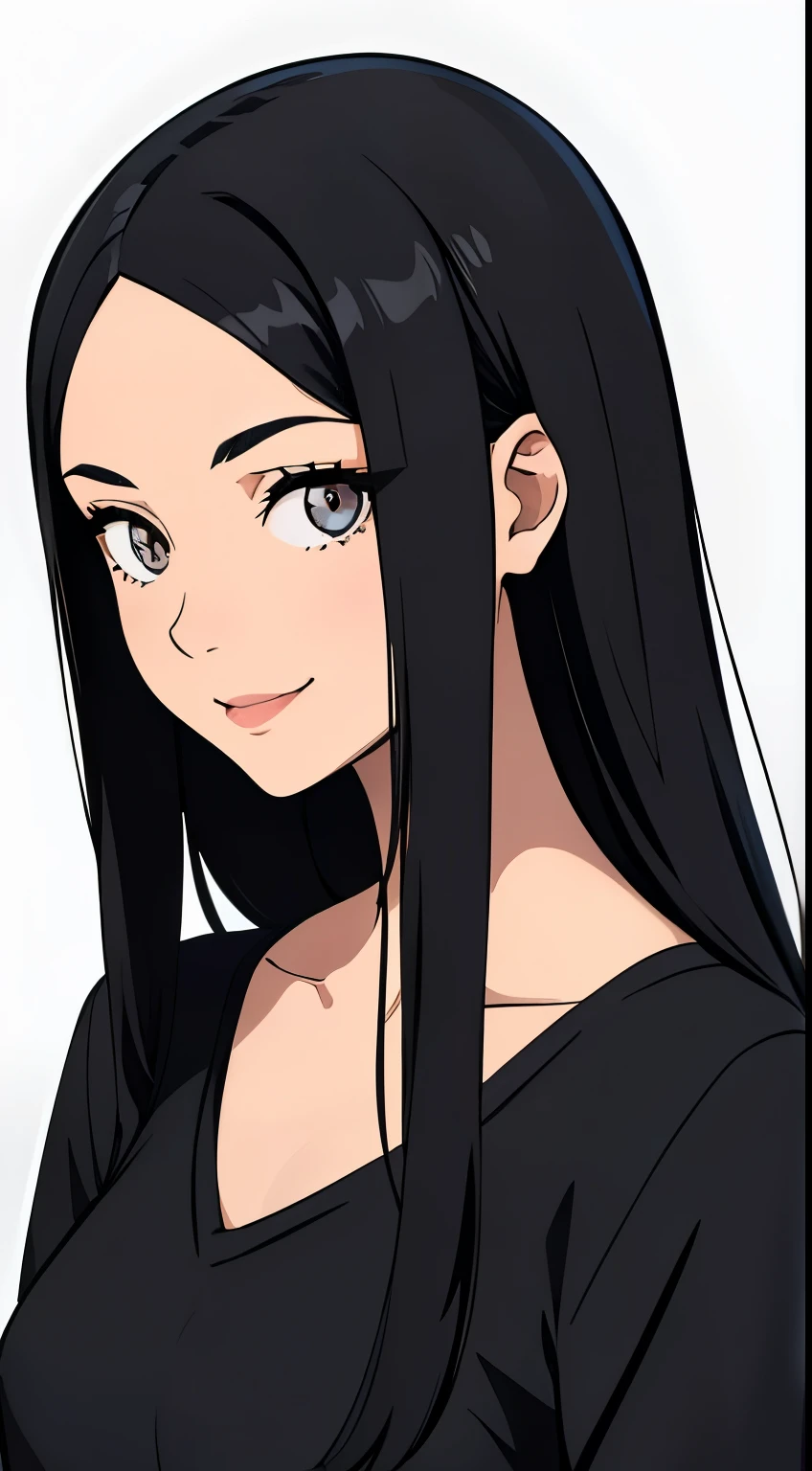 One girl with black hair, hair length until bust, straight hair, hair parted in center of head, round face. hairstyle with a center part, that the hair should be parted down the middle, creating a symmetrical look without any frontal hair covering the forehead. Looking straight. Looking straight at viewers. Smiling. Happy. Wearing casual shirt. Straight pose. Frontal view