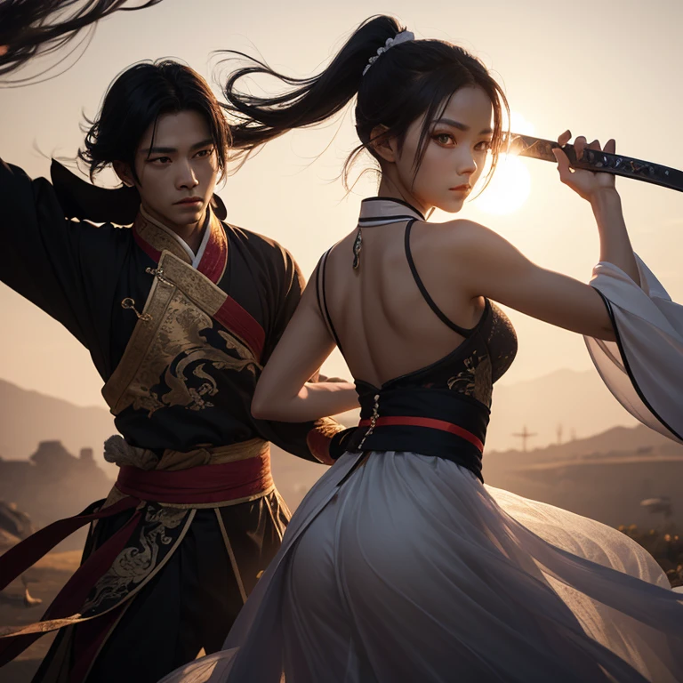 Man and woman in tulle hanfu, woman holding sword against man, black hair, short ponytail, onyx colored eyeballs, texture detail, glowing skin, sun, spinning feather sword, motion blur background, backlight, 8k, super detail, masterpiece, best quality
