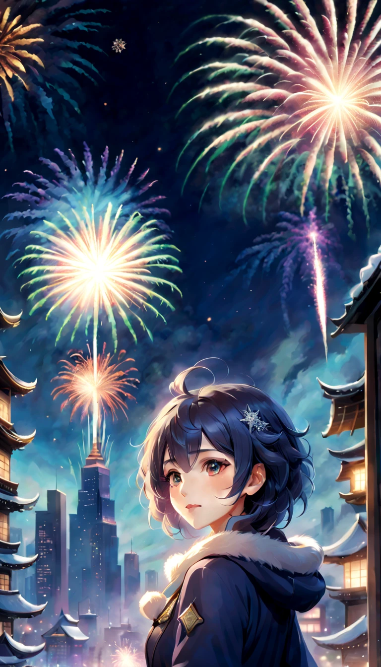 portrait,landscape,painting,illustration,ganyu \(genshin impact\),Winter snowflakes fluttering,festive atmosphere,(grand fireworks display in the night sky),sparkling fireworks,mesmerizing colors,romantic ambiance,Futuristic high-rise buildings,twinkling stars,(celebration of the new year),overwhelming sense of excitement,magical moment,inspiring and artistic composition. best quality,4k,8k,highres,masterpiece:1.2,ultra-detailed,realistic:1.37,