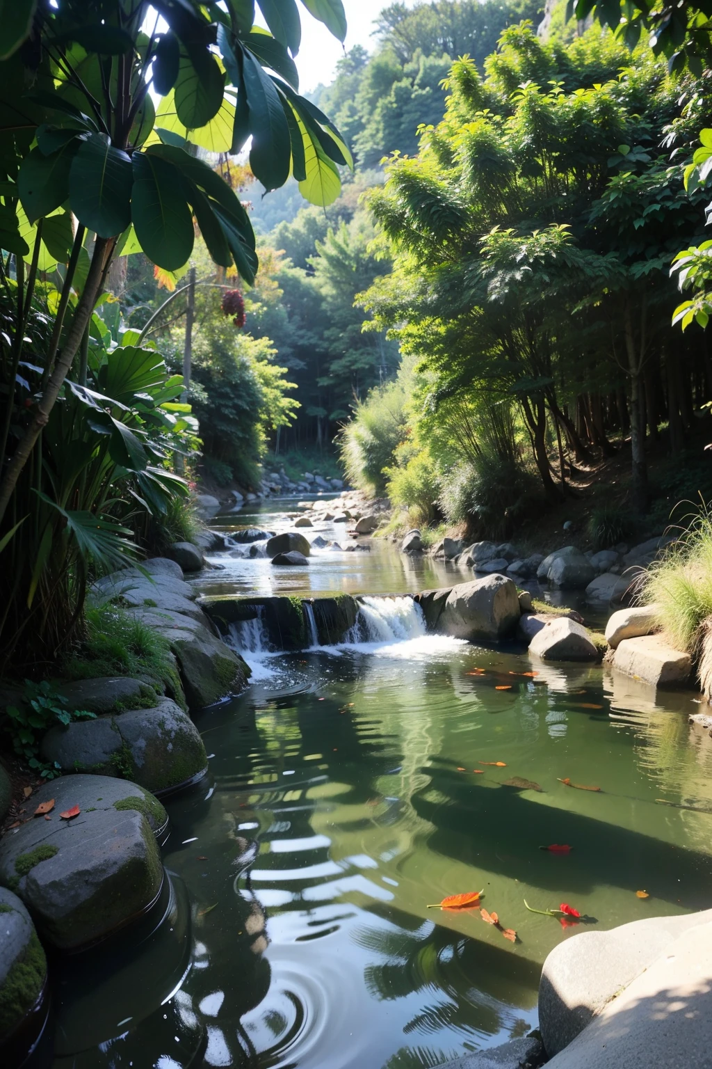 The river flows gently between the mountains and the forest,The meticulous background rendering of the scenery is a masterpiece,Beneath the ultimate picture quality,suns, Eau, hibisco, The beautiful song of the world, Very realistic, k hd