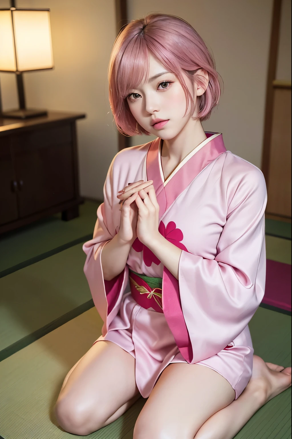 (8K, top-quality, masterpiece:1,2), (reallistic, Photorealsitic:1.37), Super Detail, One girl,), (Highly detailed), (beautifully detailed eyes), (of the highest quality), (super detailed ), (masterpiece), (Detailed face),20yr old, ,1 girl, full body, pink hair,Very short hair, medium breasts, clothed, Perfect Lighting, pussy and breast focus, looking at viewer, aroused face, naughty face, ((New Year's greetings, sitting seiza, bowing, bowing from seiza posture)), ((bright kimono, red and pink kimono dress, furisode)), tatami, Japanese-style room