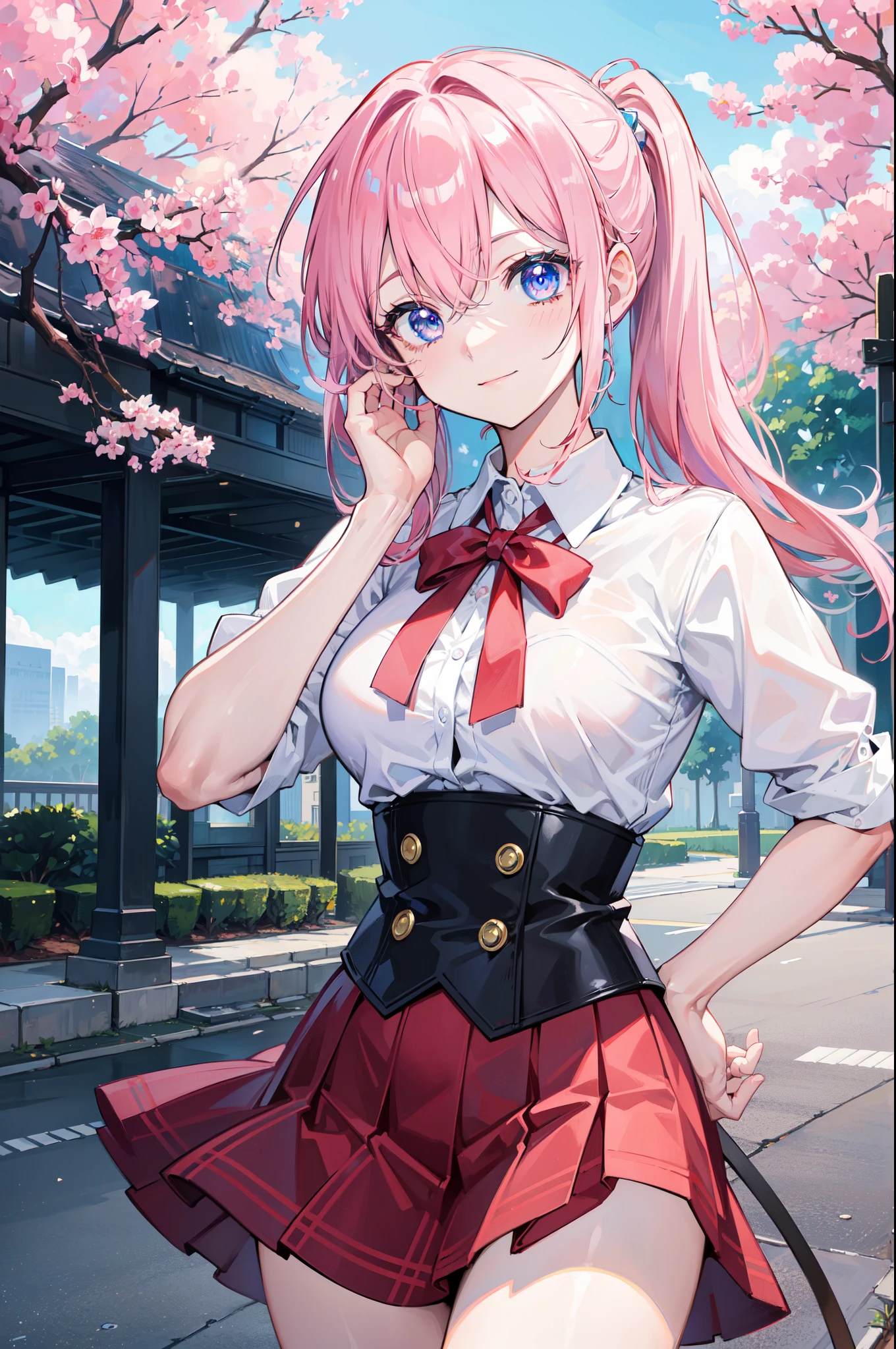 (((masterpiece))), 4k res, highly detailed, (((extremely detailed eyes))), (((good hands, good anatomy))), wallpaper, detailed background, crystal clear eyes, ((high quality, best quality, highres, ultra-detailed:1.4)), 1girl, solo, anime girl, beautiful, 8k, sunray, ponytail, pink hair, blue vibrant eyes, school uniform, sakura tree, Miyako Shikimori, close up view, big smile