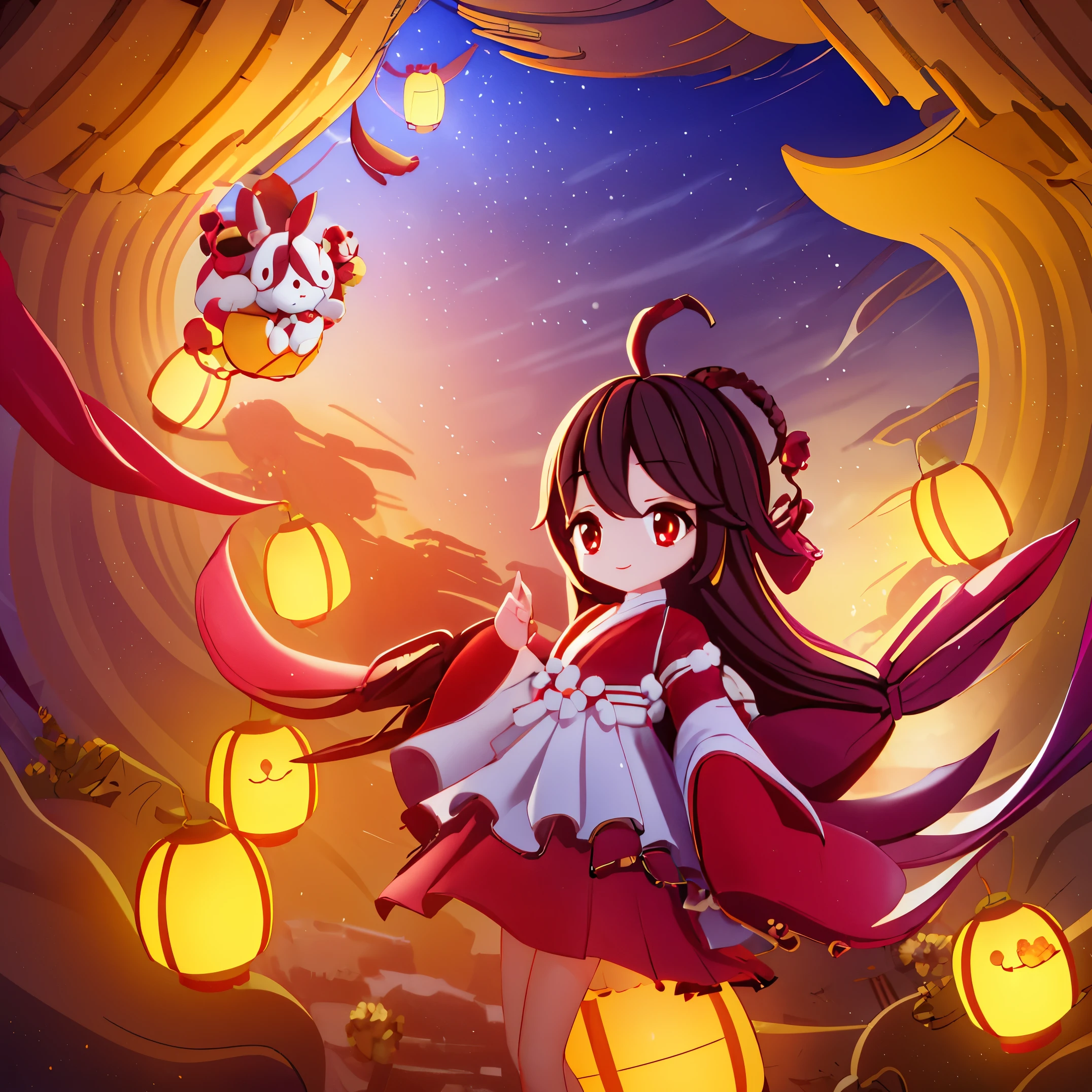 Girl with red eyes and brown hair,Candied haws in hand,Wearing a plush cotton jacket,temple fair,lantern statue,The girl is smiling,It's evening,There is a big one, moon in the sky,ambient lights,Noisy。edgBunny,The background is classical Chinese architecture
