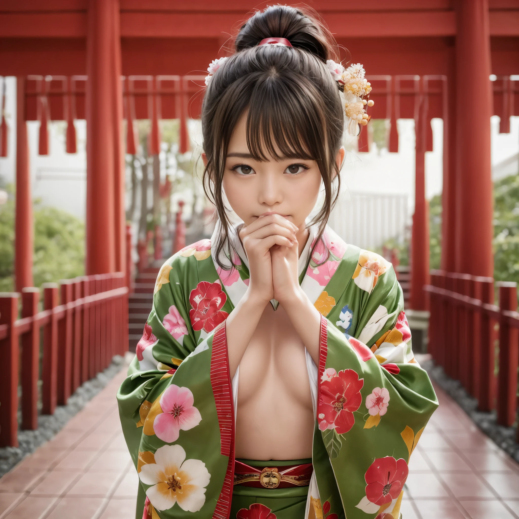 (Raw photo:1.2), (Photorealistic), Beautiful detailed girl, Very detailed eyes and face, Beautiful detailed eyes, Huge file size, High resolution, Very detailed, Best Quality, [masutepiece:1.6], Illustration, Very detailed, Fine detail, Best Quality, 8K Wallpaper, Movie Lighting, 1girl in, japanes, 15yo girl, New Year&#39;s visit to Japan, At the New Year&#39;s Shrine, Pray, wear kimono, Her kimono is peeling off and her white bra is visible., torii gate, new year hair ornament, 背景にtorii gate, Offerings of food etc. to those around you, tiny chest, Young Face, pull hair up