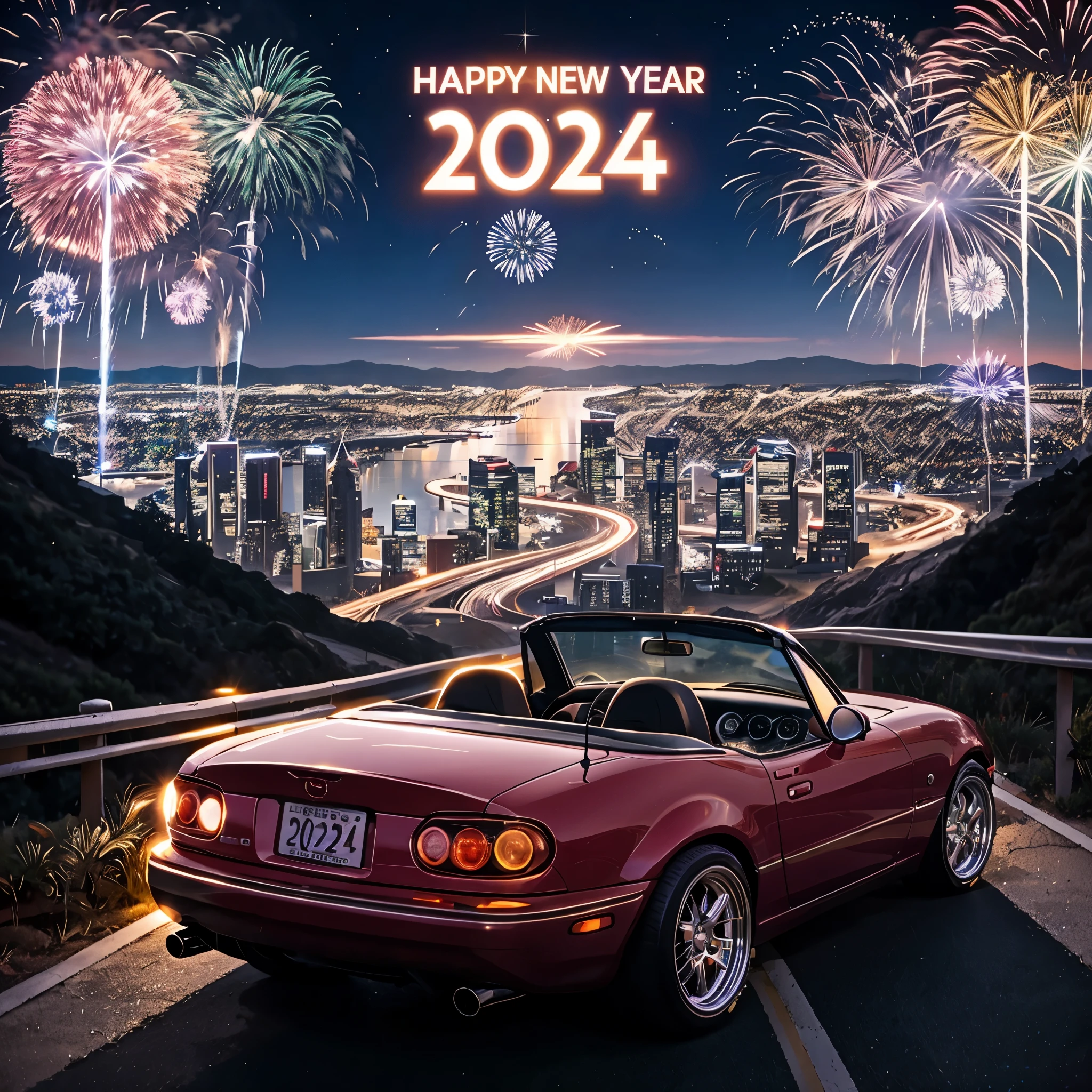 a happy new year 2024 poster featuring a mazdamiata,convertible top down ,,fireworks,overlooking a city from a canyon road,night time. anime stylew