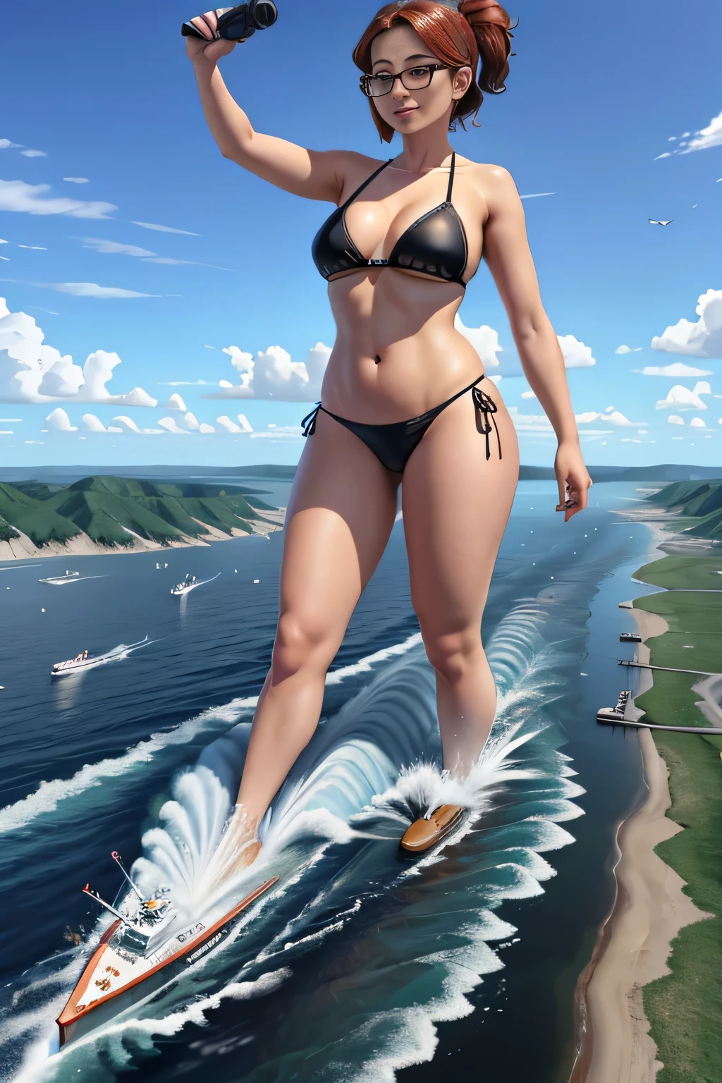 der riese art, 非常に詳細なder rieseショット, der riese, Shorthair, Giant woman bigger than a skyscraper, Wearing rimless glasses, Colossal tits, Big ass, Bikini swimwear, i'I'm playing with small aircraft carriers and battleships in the land of dwarfs.。., Full body depiction, nffsw, giga der riese, der riese, crashed warship, small warship, micro warship,