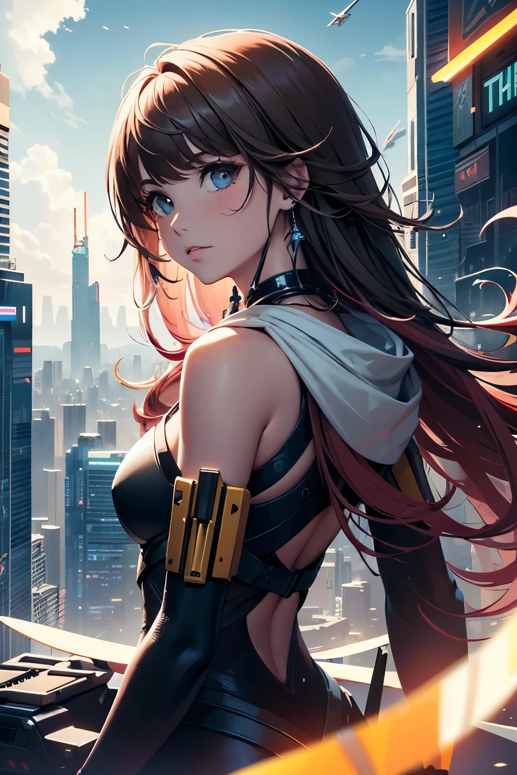 best quality ,master part, illustration, um extremamente delicado e bonito, extremamente detalhado ,CG ,unidade ,Papel de parede 8K, Amazing, detalhe fino, master part,best quality,Arte Oficial,extremamente detalhado CG unidade Papel de parede 8K,absurdos, incredibly absurdos, ultra-detalhado, Altas, extremamente detalhado, detalhada bonita,luz no rosto, 1girl, Mecha, armadura, Mechanical_corpo, cabelos pretos,  spaceship, cidade, Cyberpunk, estrela_heaven