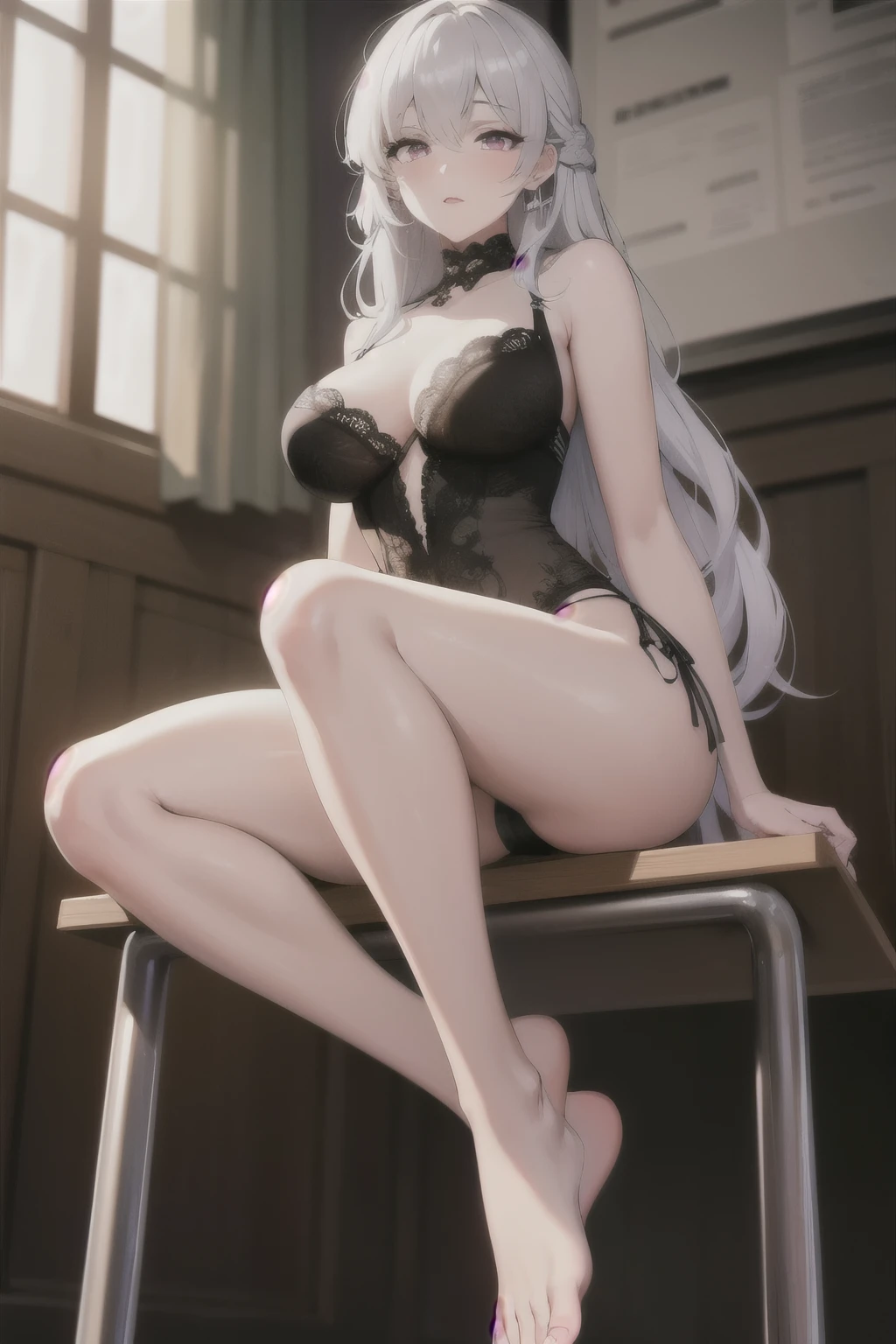 (masterpiece, best quality, ultra-detailed, best shadow), (detailed background), (beautifully detailed face), high contrast, ((cinematic light)), colorful, hyper detail, intricate details, Pixiv Anime Realism Trends, depth of field,
1girl, solo, (ara ara mature femdom look) opulent sexy slut outfit,
The expression is domineering and rampant and alluring, (perfect beautiful face), royalty presence, pink eyes, very long braid),
feet, perfect feet. bare legs soles, five toes,
towering over you, sitting on the high chair, classroom background