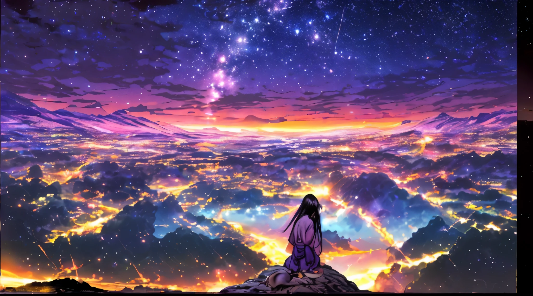 A girl with long black hair ,looking at the night sky full of glowing stars and milky way,a comet with blue , red , purple, green and pink mixet covering the sky with its tail,high quality,master piece,perfect,night sky,full of stars and a comet