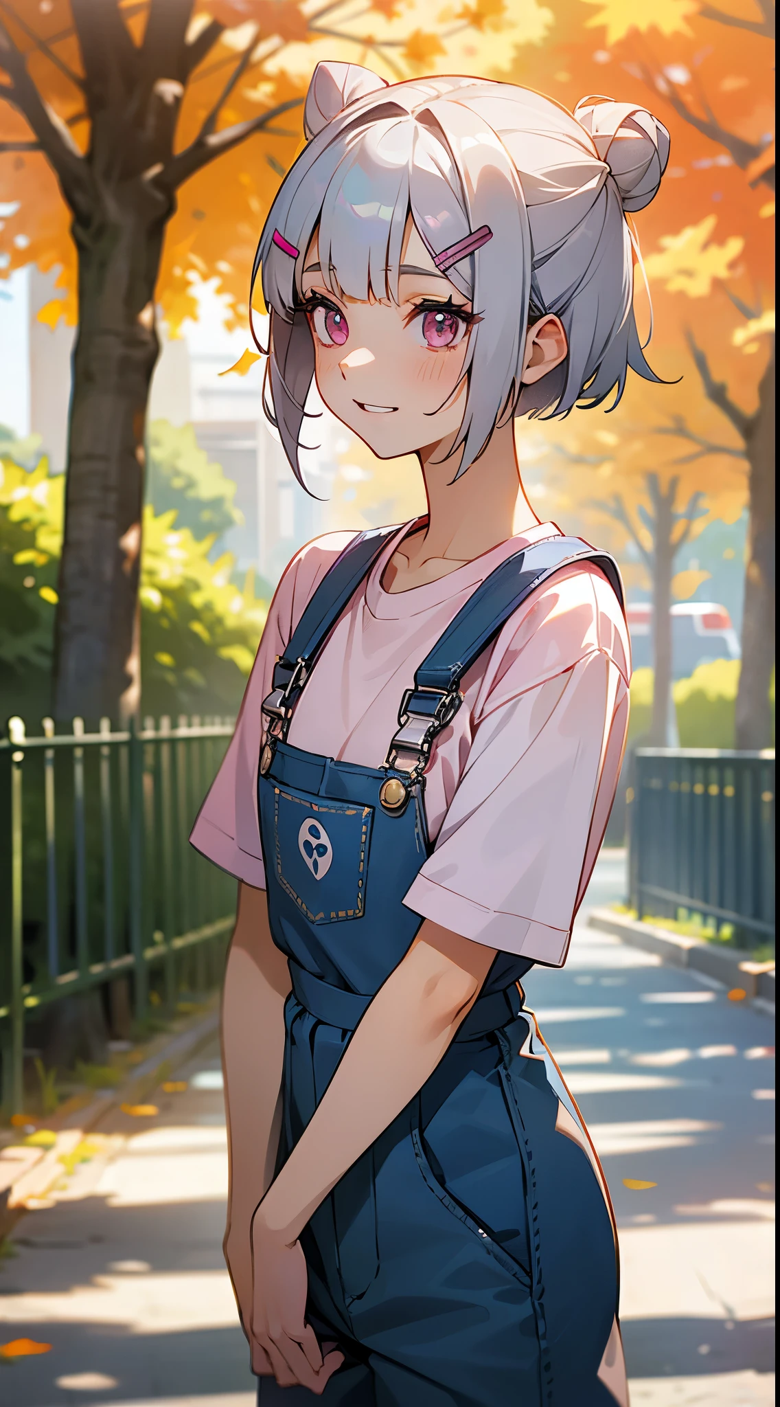 female high-school student、Short hair with silver bob styled in a bun with hair clip, Pink eyes、white t-shirts、 overalls、shy short pantals、half laugh、Street trees in autumn、appointment