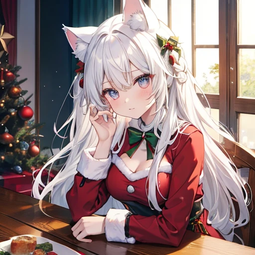 Christmas style design house,sit on table,long hair girl, sexy, cute, white skin , Korean girl,cat ear, bodysuit with christmas style