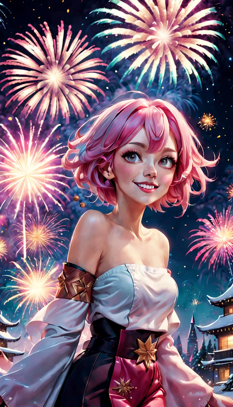 Festival poster, Happy New Year 2024,wide wide shot,Expansive night sky,Winter snowflakes fluttering,landscape,painting,illustration,portrait,YeMkAF,yae miko, pink hair, sleeves separated, strapless,((grand fireworks display in the night sky)),mesmerizing colors fireworks,twinkling stars,romantic ambiance,overwhelming sense of excitement,festive atmosphere,magical moment,inspiring and artistic composition. best quality,4k,8k,highres,masterpiece:1.2,ultra-detailed,realistic:1.37,