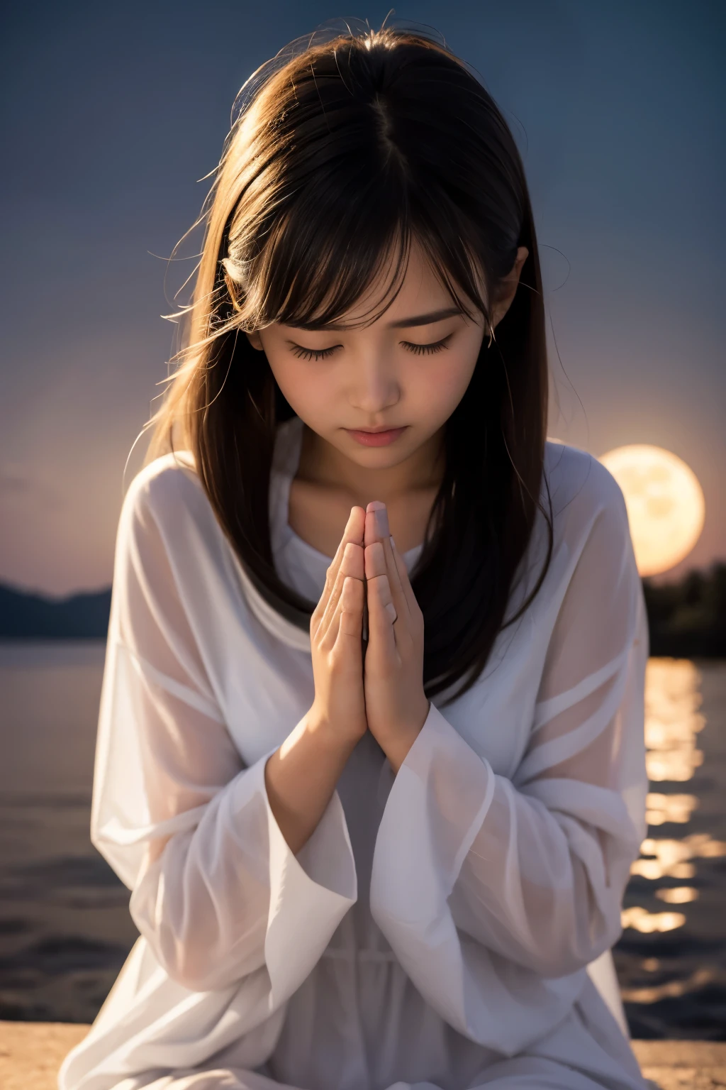 1girl,(((Okinawa ocean)))、(((White sand beaches in Okinawa)))、(((Just join your hands and pray)))、(((Mysterious look)))、8k UHD、Digital single-lens reflex camera、High resolution、Shallow depth of field、Natural light、1 girl、Surrounded by in a study from the 1980s、Summer sky、White short sleeve ruffled blouse、A sad-looking listening to music from a cassette tape on a 1980 Sony Walkman、Composition、snow、Shallow depth of field、Direct Light、800mm lens、Highest quality