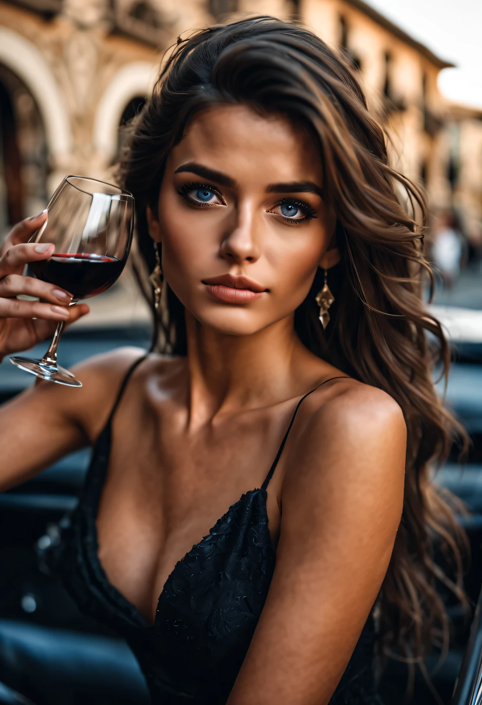 masterpiece, 1 extremely beautiful girl outside in Italy, holding a glass of wine in her right hand, dressed in a short black dress, 20 years old, detailed eye, brunette with blue undertones, curve cut hairstyle, top-quality, high resolution (Realisticity: 1.4) tall ( 5 ft 9), skinny, fit, tanned, beautiful hands, long legs, tanned, in a car, detailed blue eyes, cinematic lighting, european beauty, italian, super beauty, beautiful skin, body facing forward (A hyper-realistic). (8K). (detailed). (beautifully detailed eyes), (ultra-detailliert), (wall-) (Natural smile), beautiful white teeth, very beautiful hair. A detailed face, bright lighting, professional lighting, facing straight ahead. (The costume is a short black dress). Extremely realistic photo