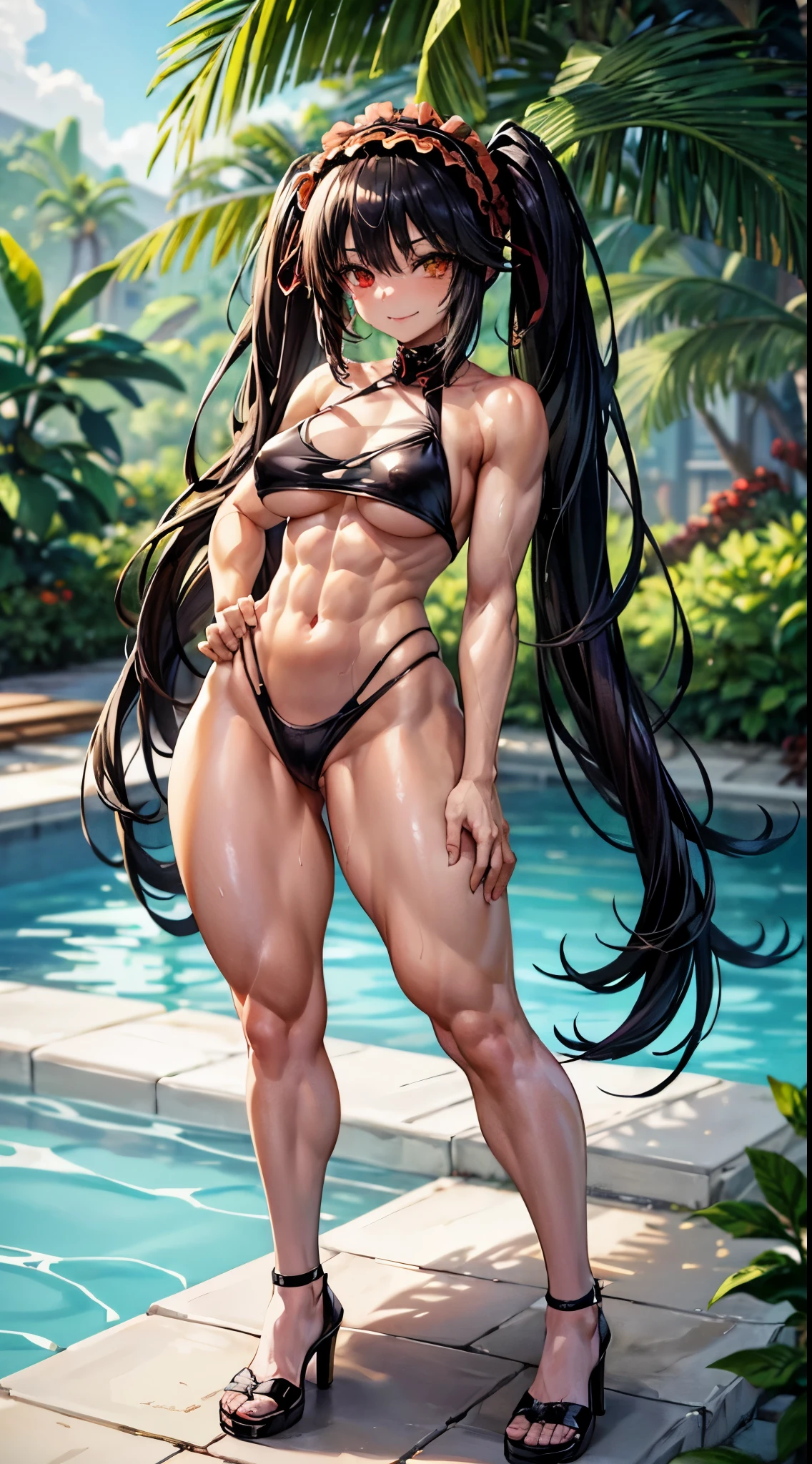 1 girl, bare shoulders, black hair, medium breasts, (muscular legs), (bare legs), white skin, muscular belly, wide hips, thin waist, (((clock eyes))), in the pool with the hot sun , (naked with hands on hips), (((being sexy))), full body, hair band, (((all wet))), (standing), heterochromia, black high heel shoes, ta hairband, long hair, red eyes, mischievous smile, (sly look), only, symbol-shaped pupils, (Kurumi tokisaki), (twintails), yellow eyes