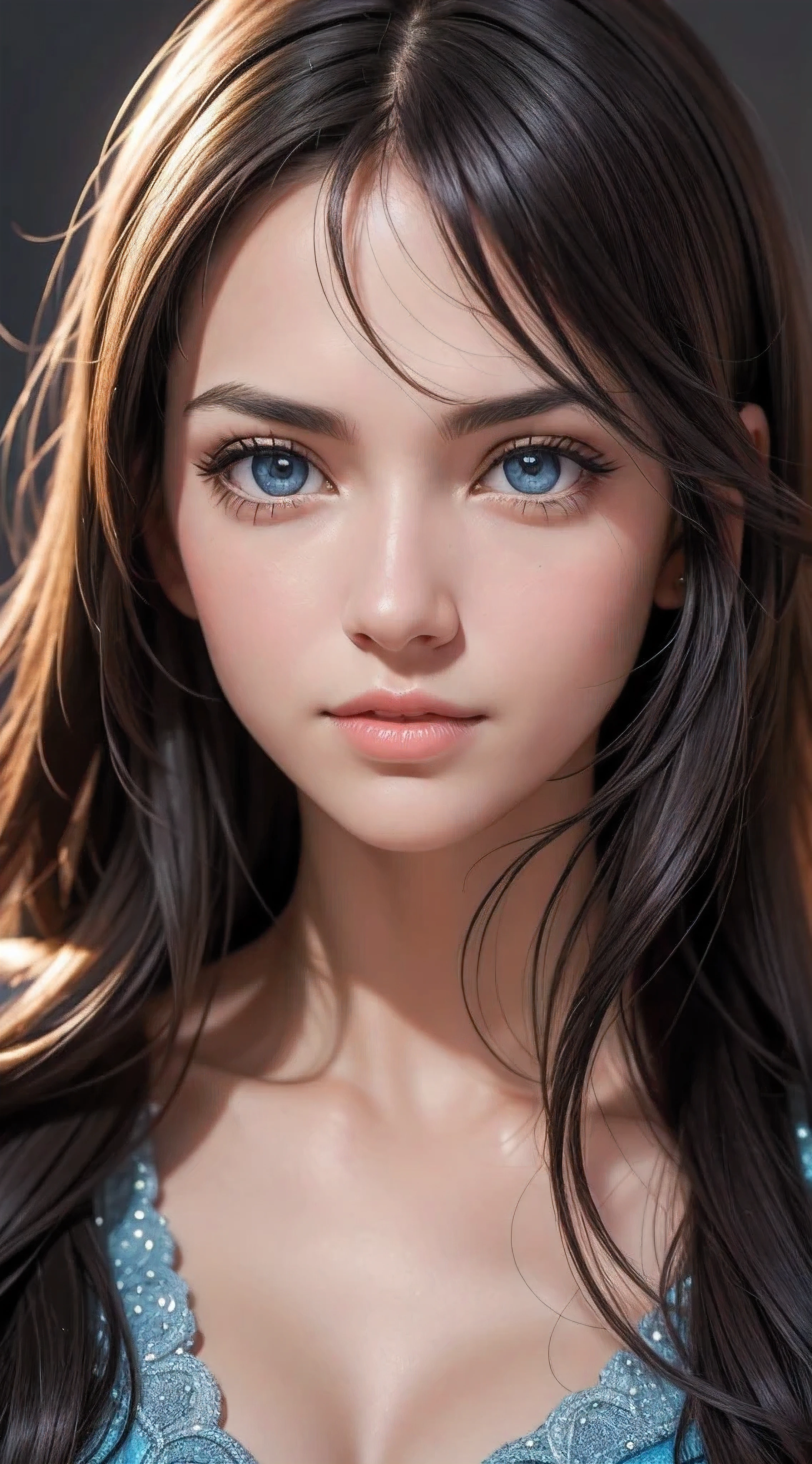 Portrait Photography, A highly detailed close-up of a content woman looking left, with prominent, bright eyes that sparkle with sharpness and contrast against a subtle background, Her skin is flawlessly smooth, An award-winning capture that accentuates her eye color vividly, Use an 85mm lens with ISO 400 for a pinpoint focus on her distinct facial characteristics, Time value set at 1/500 and focal aperture at f/1. 8 to bring her eyes and hair into striking relief with a narrow depth of field, aiming for a very realistic and high-resolution image