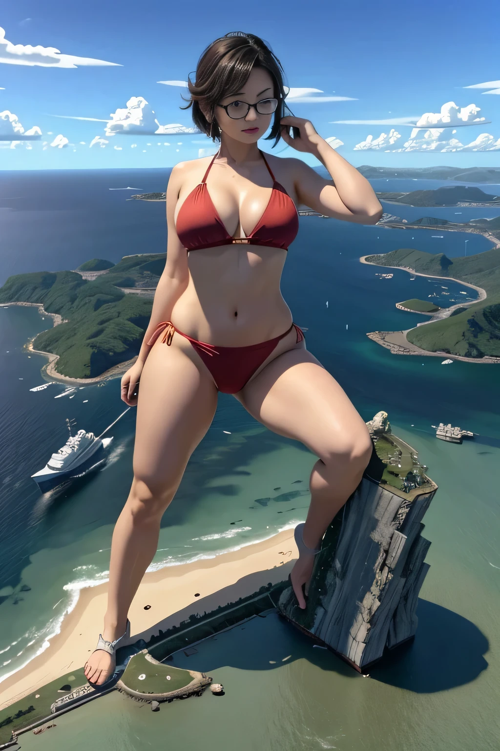 der riese art, 非常に詳細なder rieseショット, der riese, Shorthair, Giant woman bigger than a skyscraper, Wearing rimless glasses, Colossal tits, Big ass, Bikini swimwear, i&#39;I&#39;m playing with small aircraft carriers and battleships in the land of dwarfs.。., Full body depiction, nffsw, giga der riese, der riese, crashed warship, small warship, micro warship,