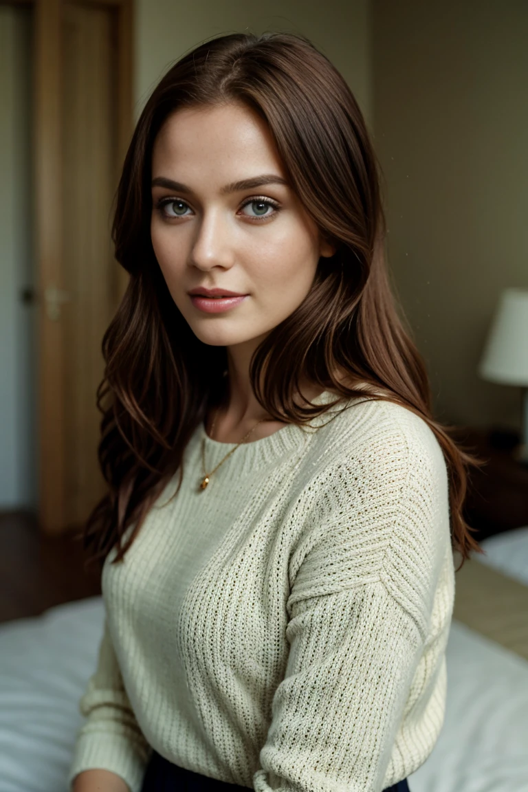27 year old russian woman, cinematic, zenit-e slr, kodak gold 400, helios 44-2 58mm lens, textured face, details, grain, sharp focus centre, Alone, Long red hair, view the viewer, shoulder, Brown eyes, jewely, cropped shoulders, Sweaters, Open lips, actual, nase, flirting with the camera, bedroom