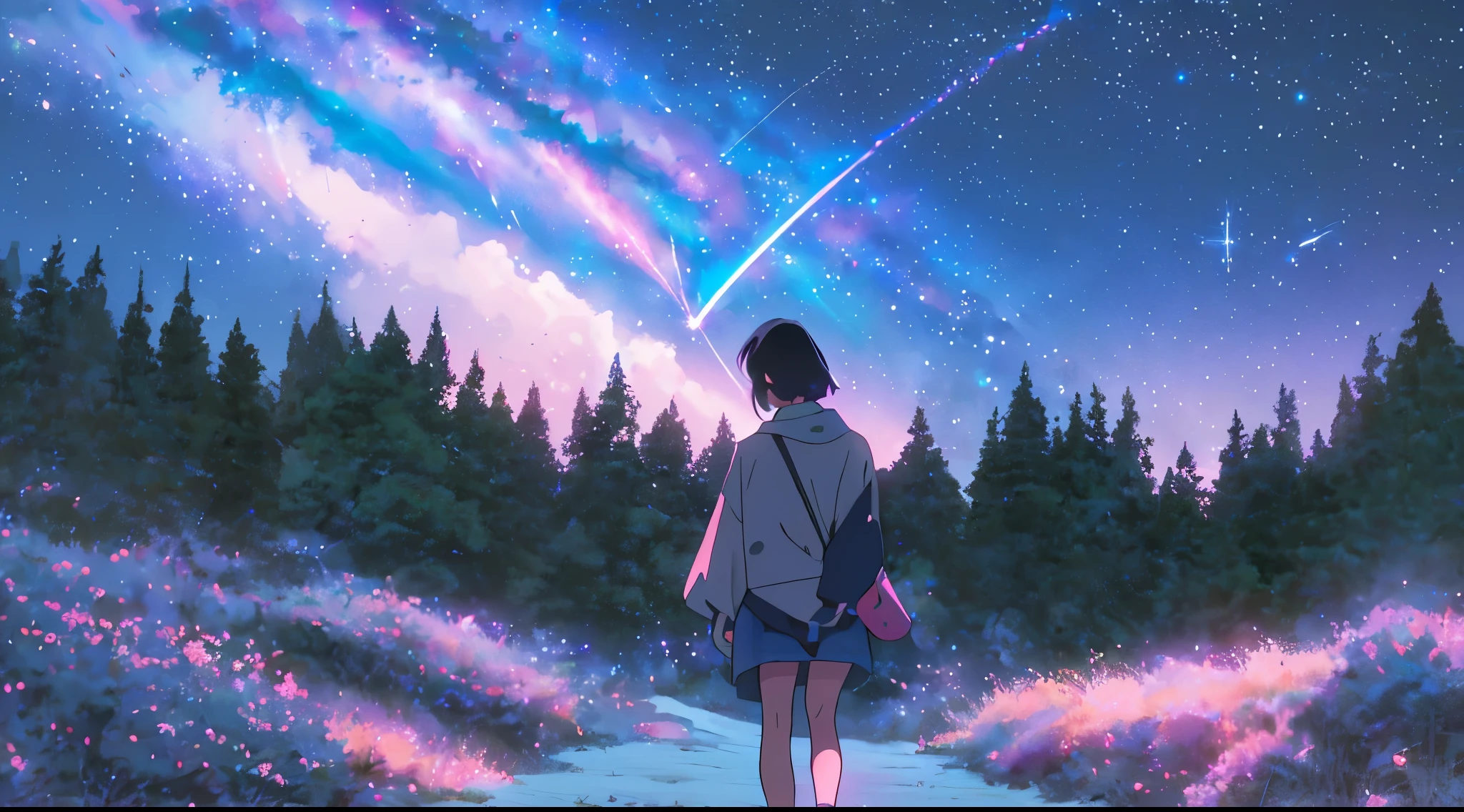 A girl with short black hair ,looking at the night sky full of glowing stars and milky way,a comet with blue , red , purple, green and pink mixet covering the sky with its tail,high quality,master piece,perfect,night sky,full of stars and a comet