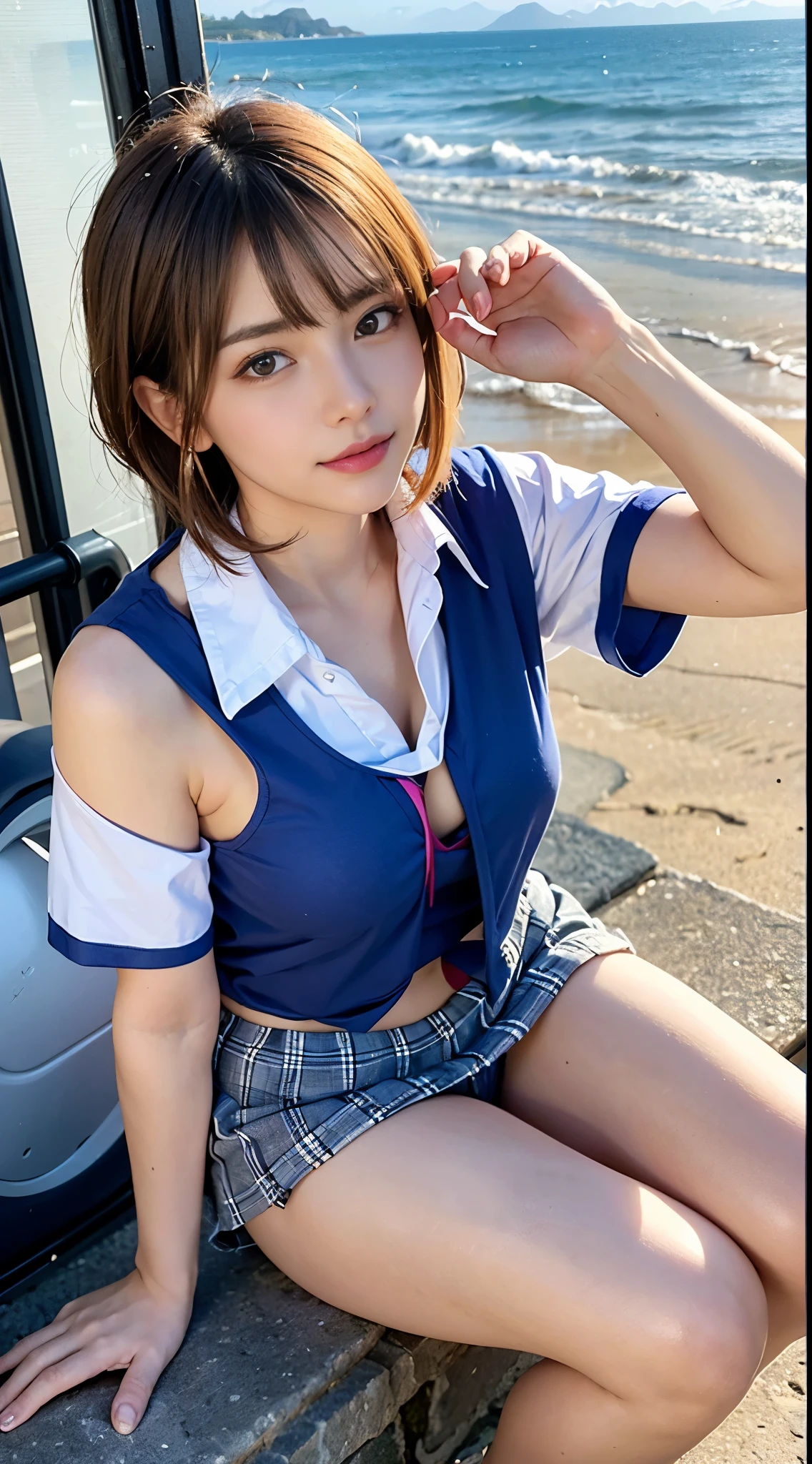 masutepiece, Best Quality, Photorealsitic, finely detail, hight resolution, 8K Wallpapers, Perfect dynamic composition, foco nítido, A hyper-realistic, Beautiful detailed eyes, Medium Hair, large full breasts, Random and sexy poses, Bring your chest together, (colorful o-neck knit tank top, white panty,wide open cleavage:1.4, High cut pantier east bulge:1.2,(Emphasizes cleavage, Tank top with a clear view of the chest:1.3)), A smile, open open mouth, Resort scenery, 25-years old, (drooing eyes:1.4), Beauty, japanes, Chain Necklace, large earring, Shooting from front