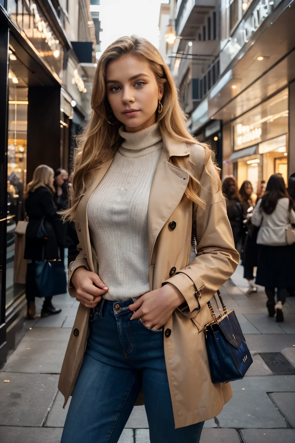 - picture of a 24-year-old blonde and stunning blue-eyed woman standing in front of a luxury shopping center resembling Harrod's in LLondon; the picture shows the entire body from head to toe; she is wearing skin tight blue jeans, beige high heels, a beige trench coat going down towards her chin, a white turtleneck sweater underneath, a chequered scarf (one end wraps around her neck and hangs on the back of her, the other end can be seen in front of her); in both hands she is holding a dark orange shopping bag with blue handles; she is wearing luxury earrings; some people in the background can be seen; RAW UHD, details (textures! , hair! , glitter, color!! , disadvantages: 1.1), glossy eyes with high detail (looking at the camera), SLR lighting, SLR camera, ultra-quality, sharpness, depth of field, film grain (center), Fujifilm XT3, crystal clear, frame center, beautiful face, sharp focus, detailed skin pores, oily skin, complex eye details, full body, large breasts, very long hair
