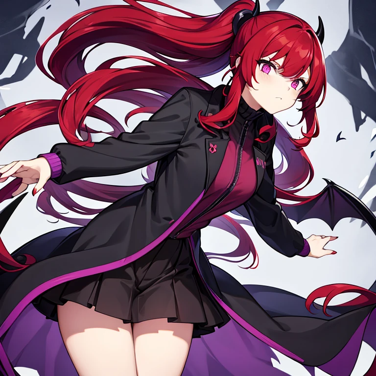 Demon girl with long red hair in a ponytail with purple eyes wearing a black jacket and a black skirt has demon wings and horns